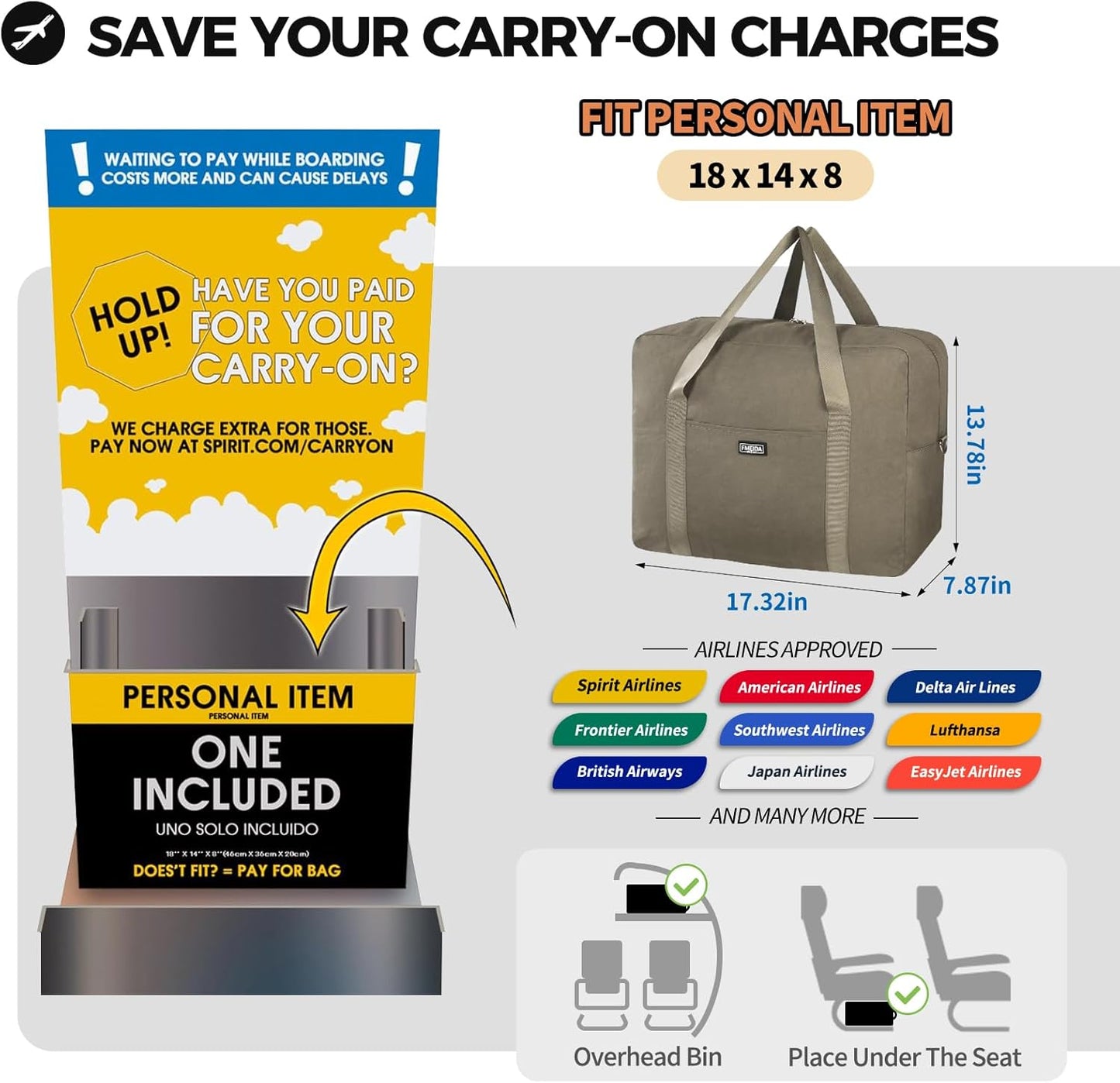 For Frontier Airlines Personal Item Bag 18x14x8 Underseat Travel Duffel Bag Carry on Luggage for Women and Men 30L (With Shoulder Strap)