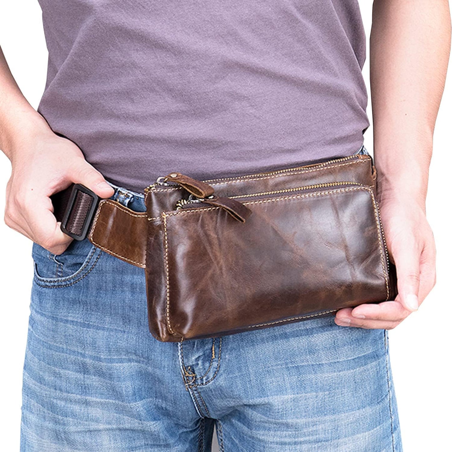 Hebetag Leather Waist Pack Fanny Bag for Men Women Outdoor Travel Sports Running Walking Hiking Hip Bum Belt Slim Cell Phone Purse Casual Waist Wallet Pouch (#01Coffee(Oil Wax Leather))