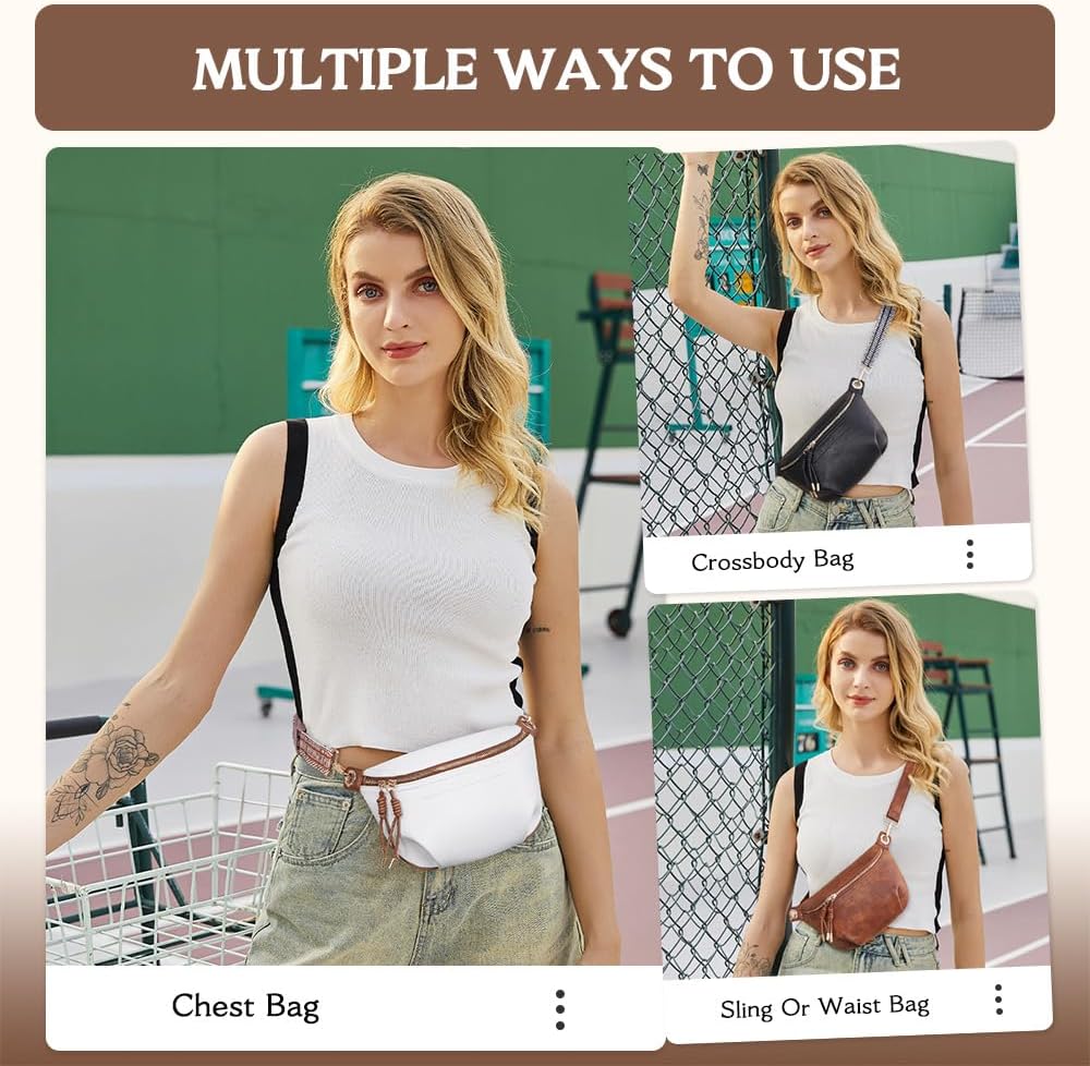 HKCLUF Fanny Pack Crossbody Bags for Women Pu Leather Belt Bag Waist Pack Causal Chest Bum Bag With 2 Straps