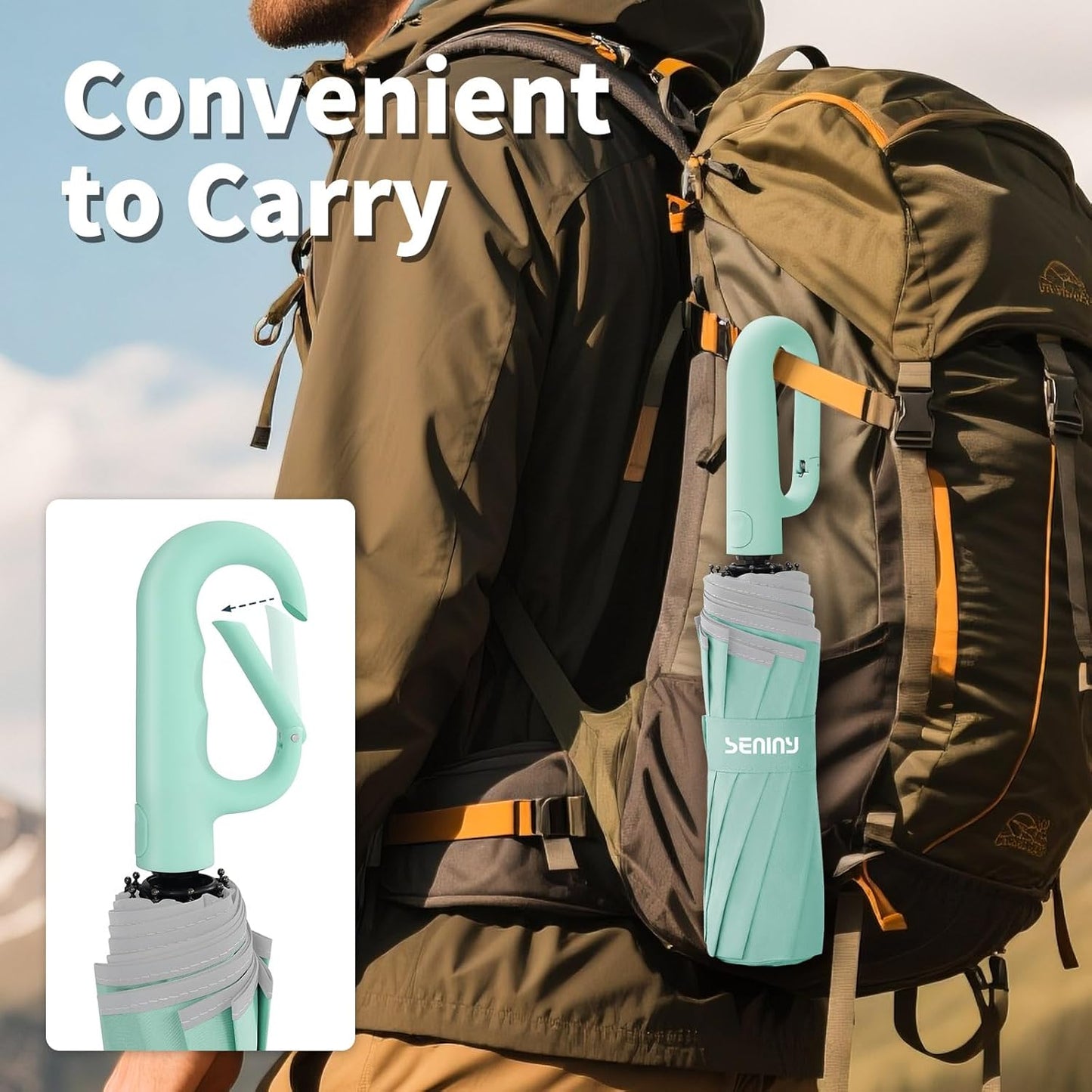 Seniny Travel Umbrella with Carabiner Handle, Windproof Large Umbrellas for Rain with Dual-Rib Structure, Portable Compact Umbrella with Reflective Strip, Car Backpack UV Umbrellas for Sun Protection