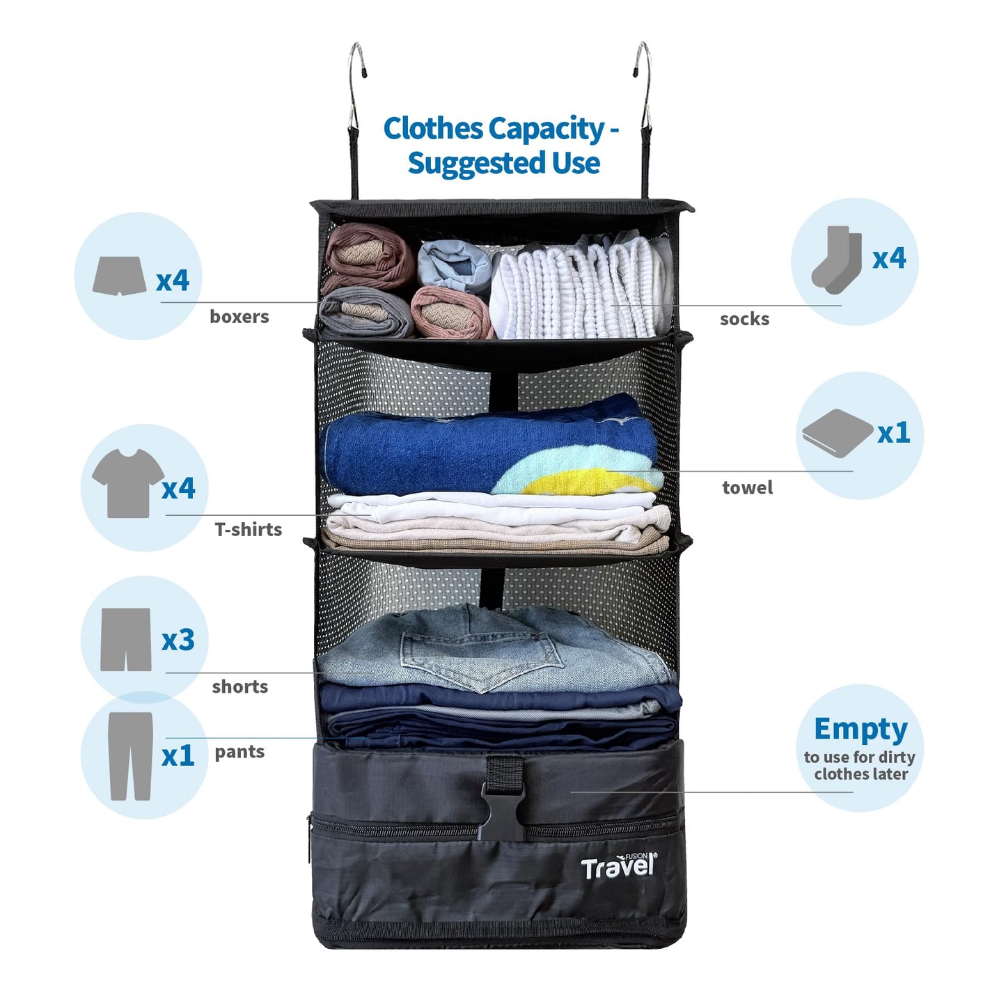 Grand Fusion Stow-N-Go Hanging Travel Shelves, Packing Organizer for Luggage. Carry on Closet for