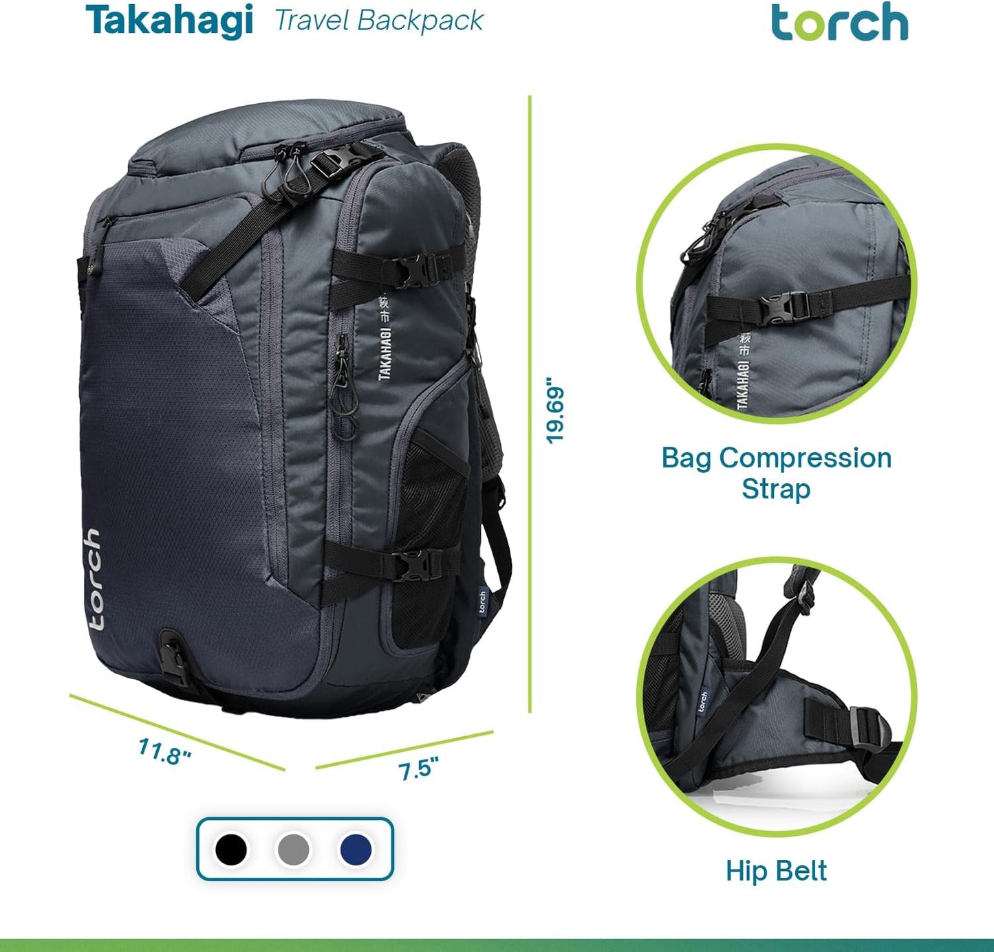 torch 40L Travel Backpack for Men - Large Carry On Backpack Airline Approved with Rain Cover for Camping, Hiking, Outdoor - Takahagi (Iron Grey)