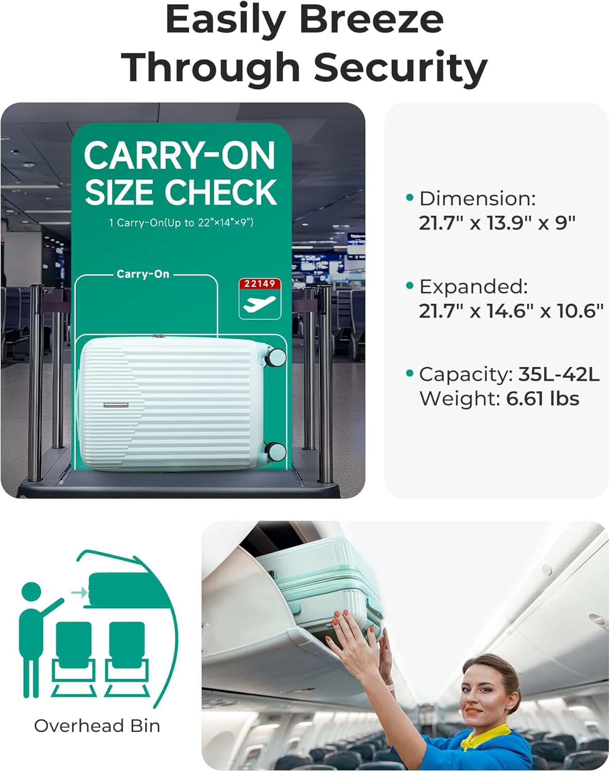 BAGSMART Carry On Luggage 22x14x9 Airline Approved with Spinner Wheels,100% PC Hardside Expandable Luggage with TSA Lock for Trips, 20 Inch Rolling Suitcases for Men Women,Green