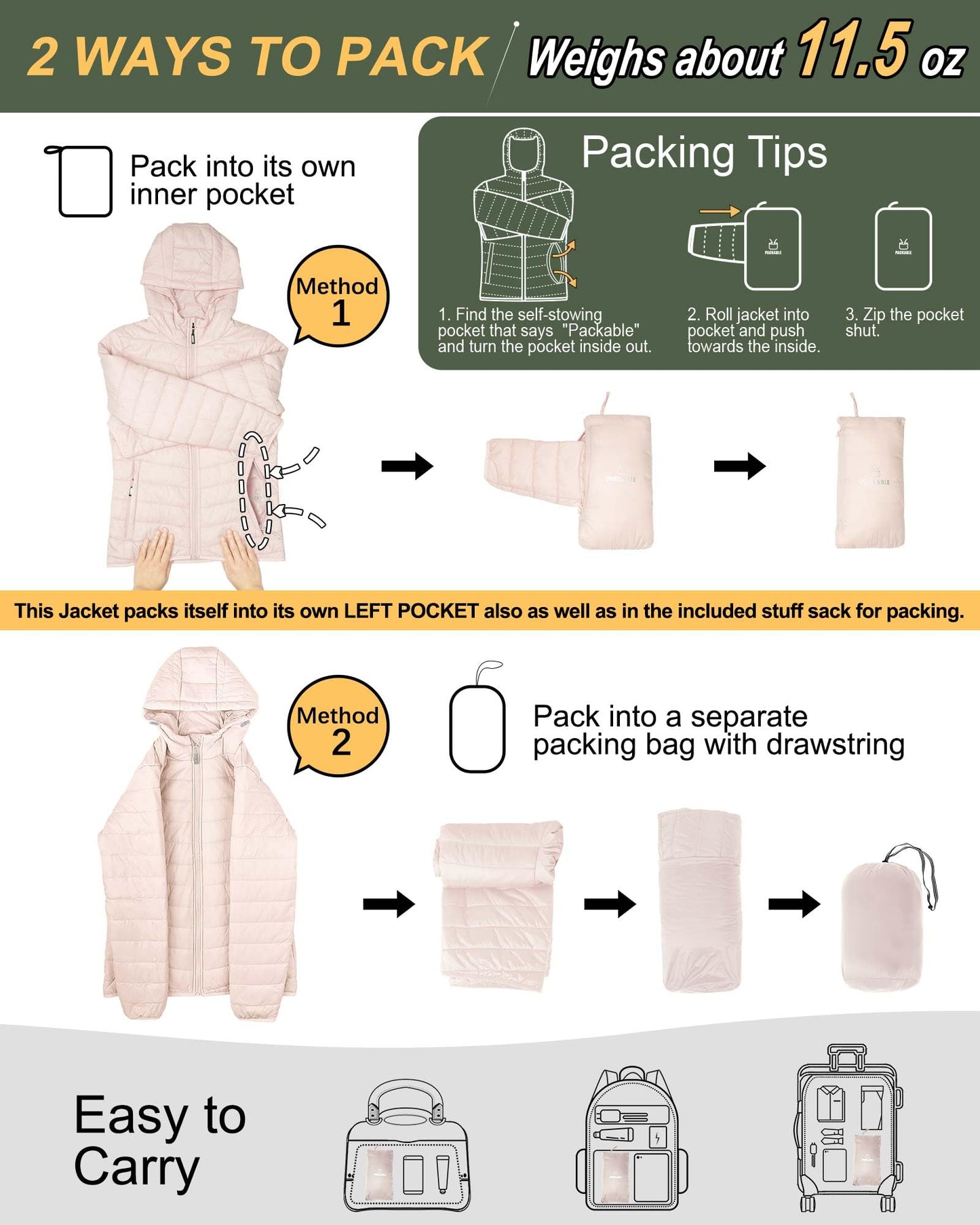 Outdoor Ventures Women's Packable Lightweight Full-Zip Puffer Jacket with Hood Quilted Winter Coat
