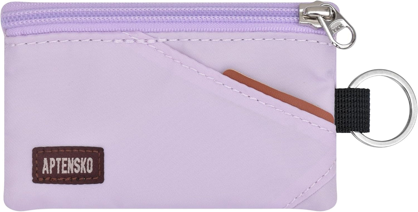 RFID Travel Wallet with Adjustable Lanyard-Zipper Small Wallet with ID Card Holder, Keychain for women&men-Minimalist Slim Waterproof Nylon case for ID, Cash, Key (Soft Lilac)