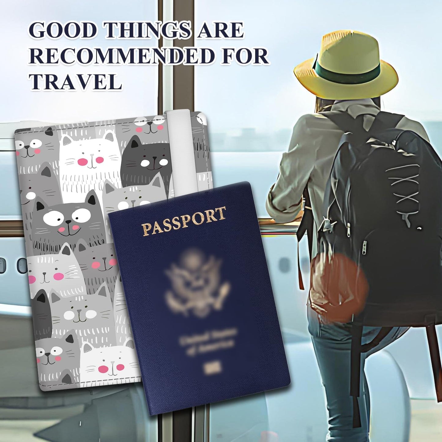 Passport Holder for Travel Essentials, RFID Premium Leather Passport Wallet Cover Case for Travel Must Haves Accessories, Passport Book Holders for Women Men Cute Grey Cats