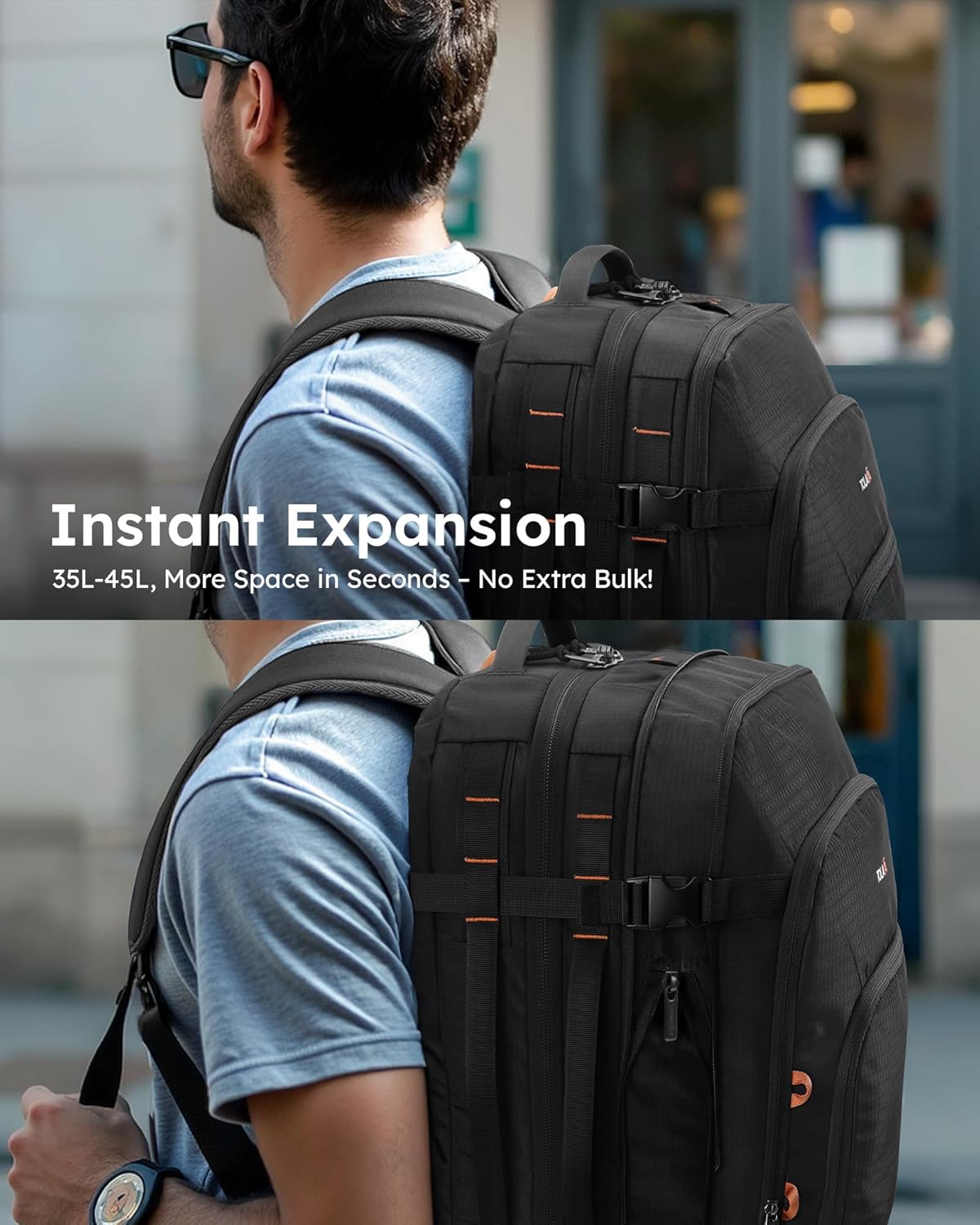 Tolaccea Travel Backpack, TSA Friendly Flight Approved Carry-on Luggage Water-resistant Business Rucksack, Durable Large Computer Bag Daypack Fits 15.6 Inch Laptop, 35-45L Expandable - Black
