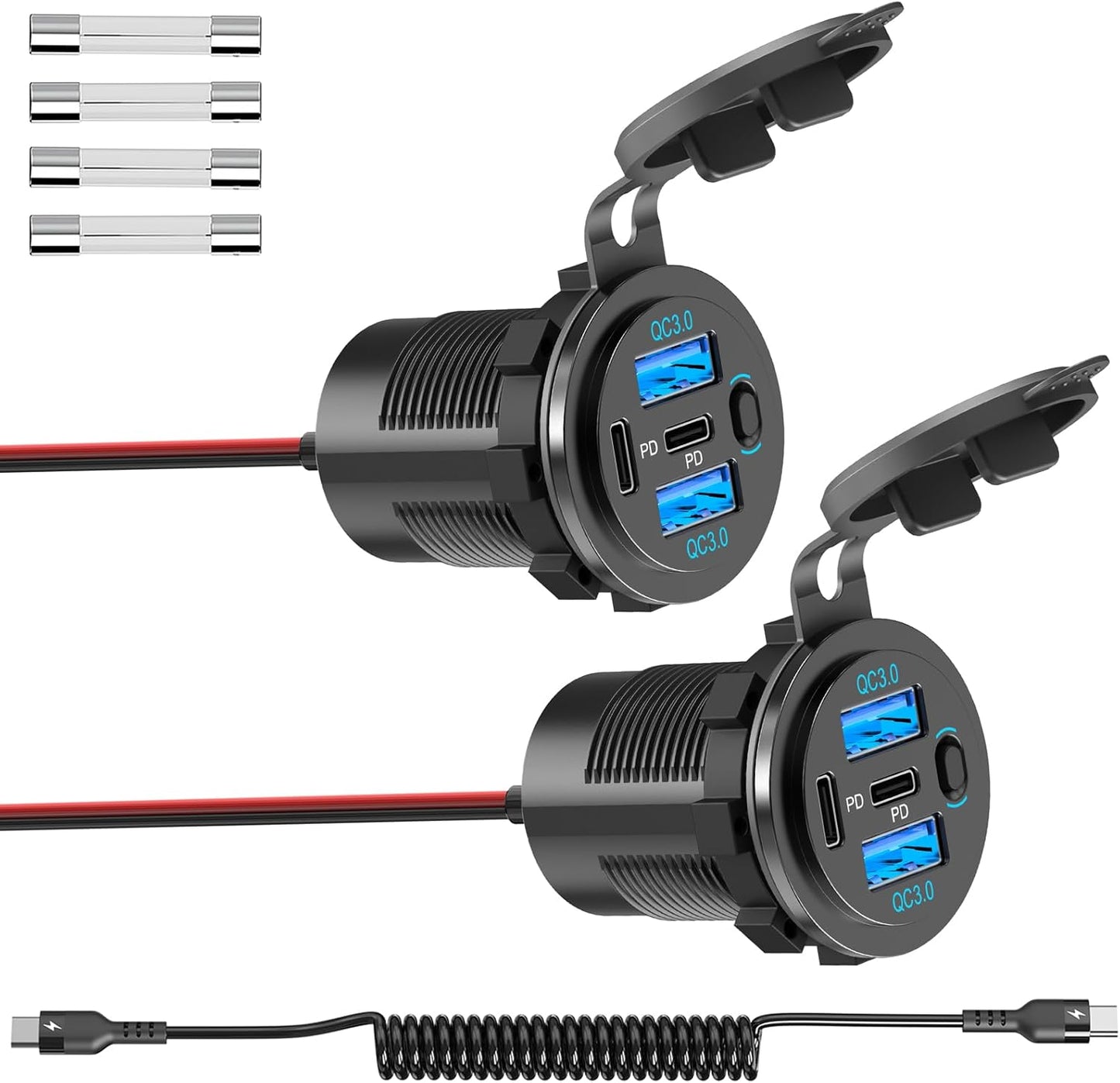 2PACK 90W Dual PD & Dual Quick Charge 3.0 Qidoe USB C 12V Outlet,4 Port with Power Switch, Car Charger Socket for RV Boat Marine Truck Motorcycle