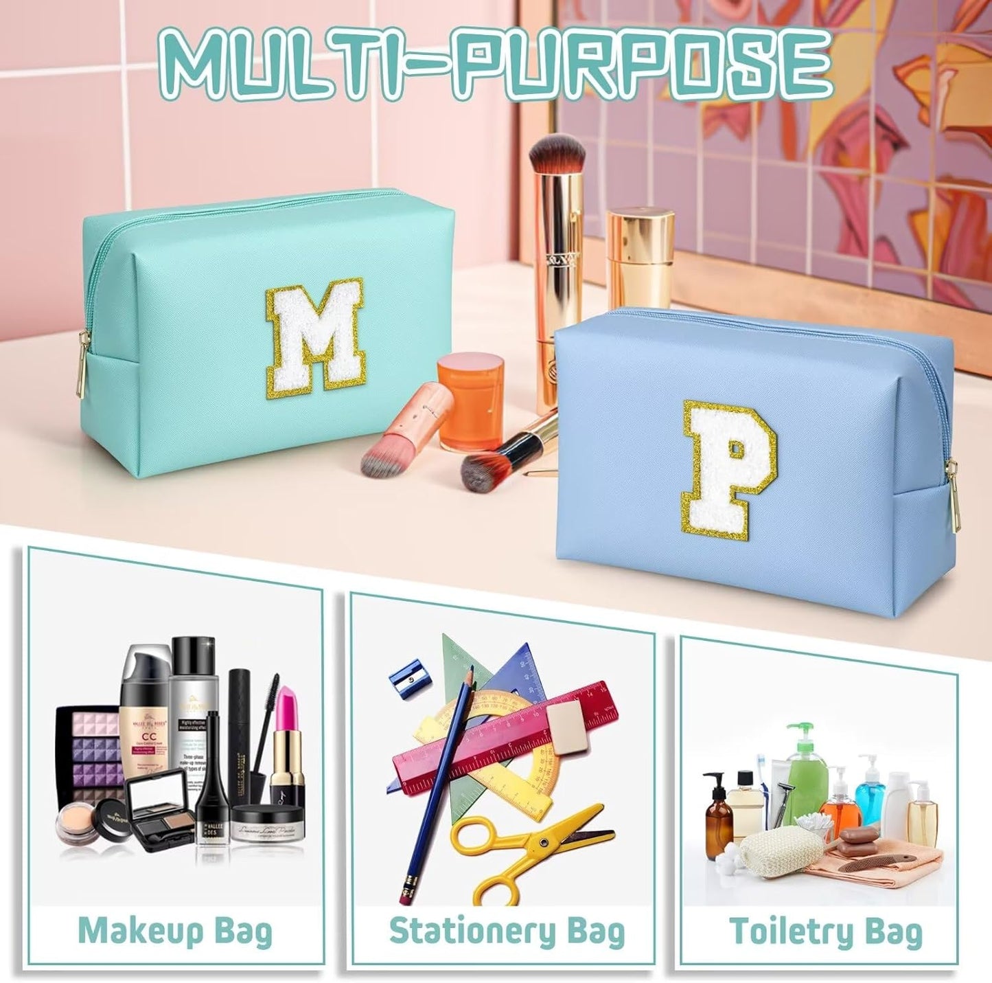 TOPEAST Preppy Patch Makeup Bag, Chenille Letter Pouch Cosmetic Bag, PU Leather Waterproof Toiletry