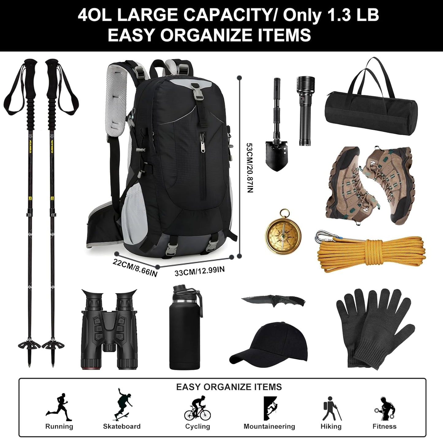 Long Keeper 40L Hiking Backpack with Rain Cover Waterproof Lightweight Camping Backpack for Men Women Outdoor Travel Daypack