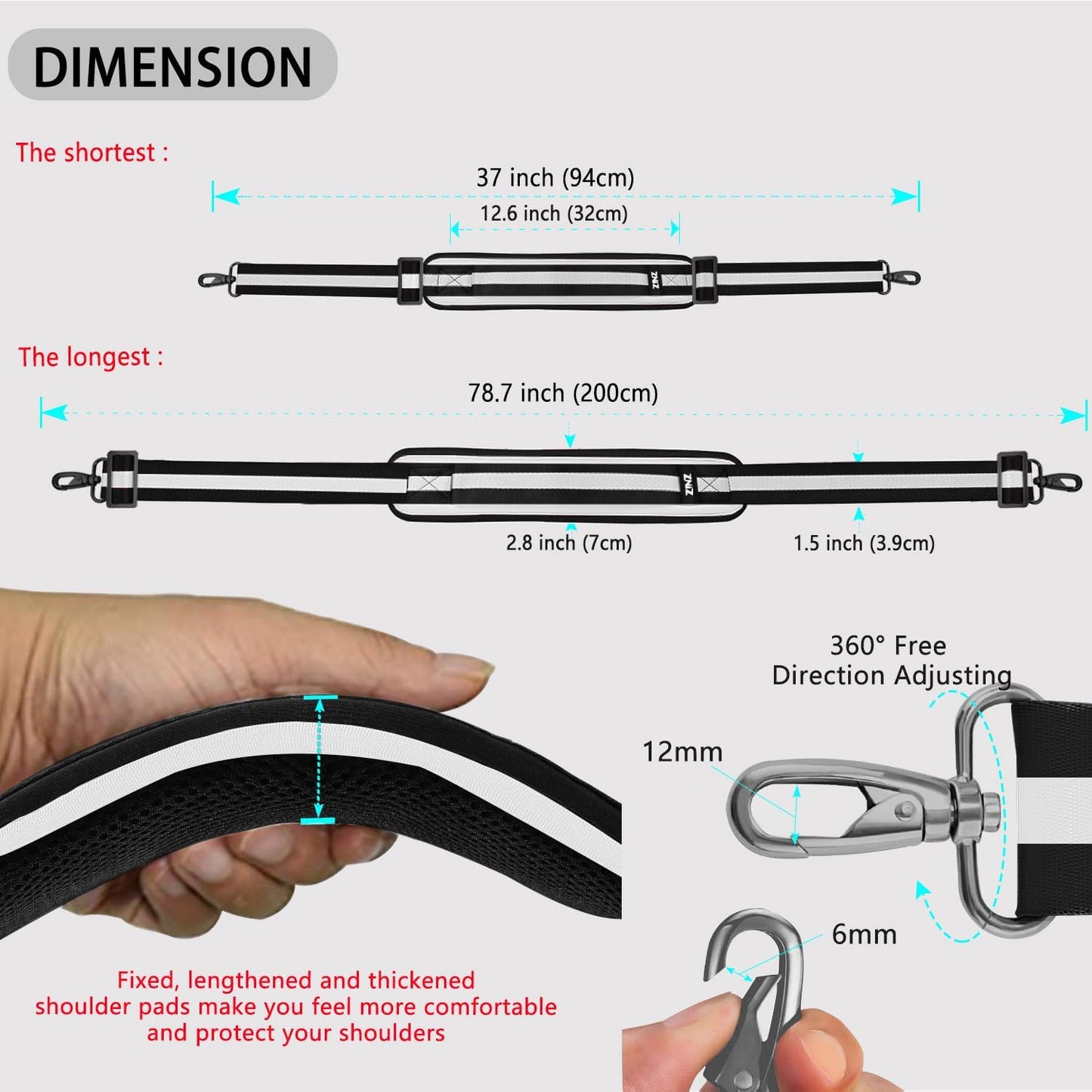 ZINZ 79 inch Shoulder Strap, Extra-thick Fixed Cushion Pad and Dual Clasps Universal Replacement Strap with Metal Swivel Hooks for Laptop Bags, Luggage Bags, Camera, Crossbody(Stripes-BkWBk)