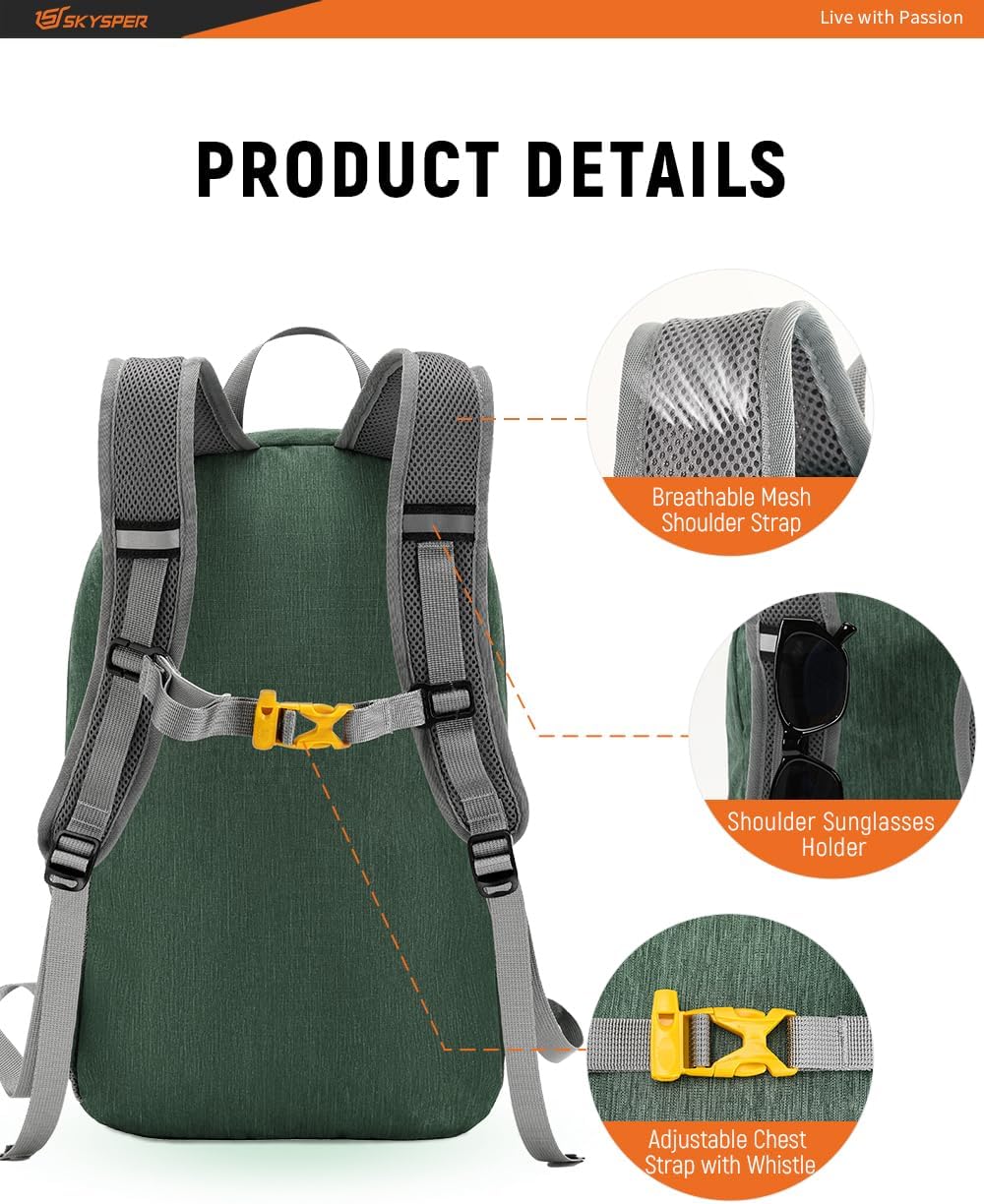 SKYSPER Foldable Small Backpack – 20L Lightweight Hiking Daypack with Chest Belt Packable Travel Rucksack for Women Men