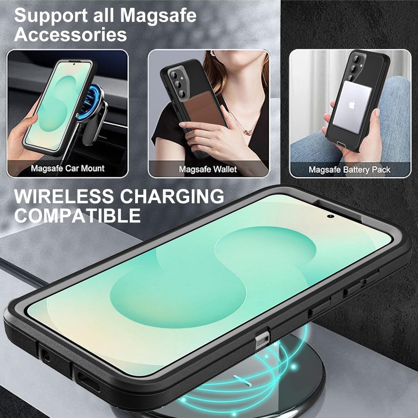 for Samsung Galaxy S25 Plus Case, Compatible with Magsafe, Military Grade 3 in 1 Heavy Duty Case with 2Pcs Tempered Glass Screen Protector & Camera Lens Protector (New-Black/Grey)