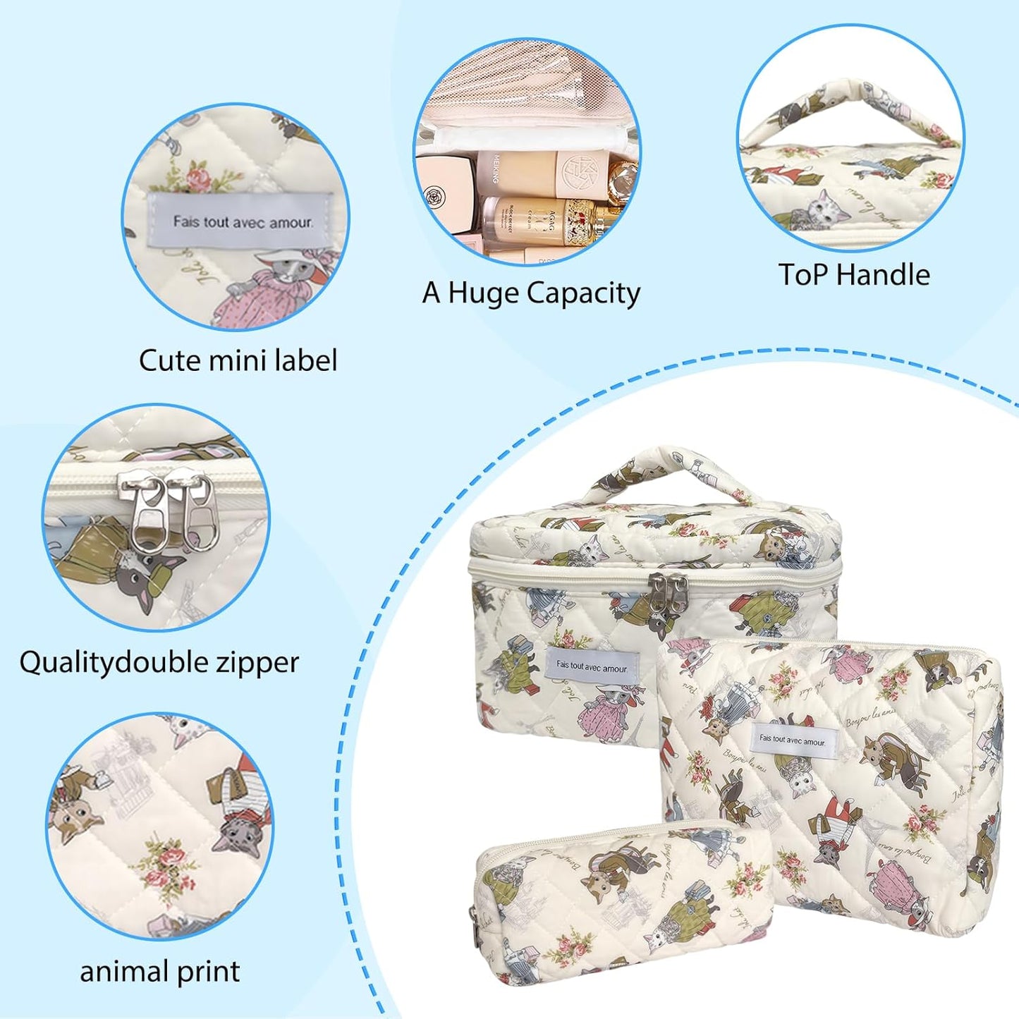 Quilted Makeup Bag, Large Capacity Travel Cosmetic Bag for Women and Girls, Aesthetic Storage for Daily and Travel Use (3pcs-catanimalprint, Pink Bow)