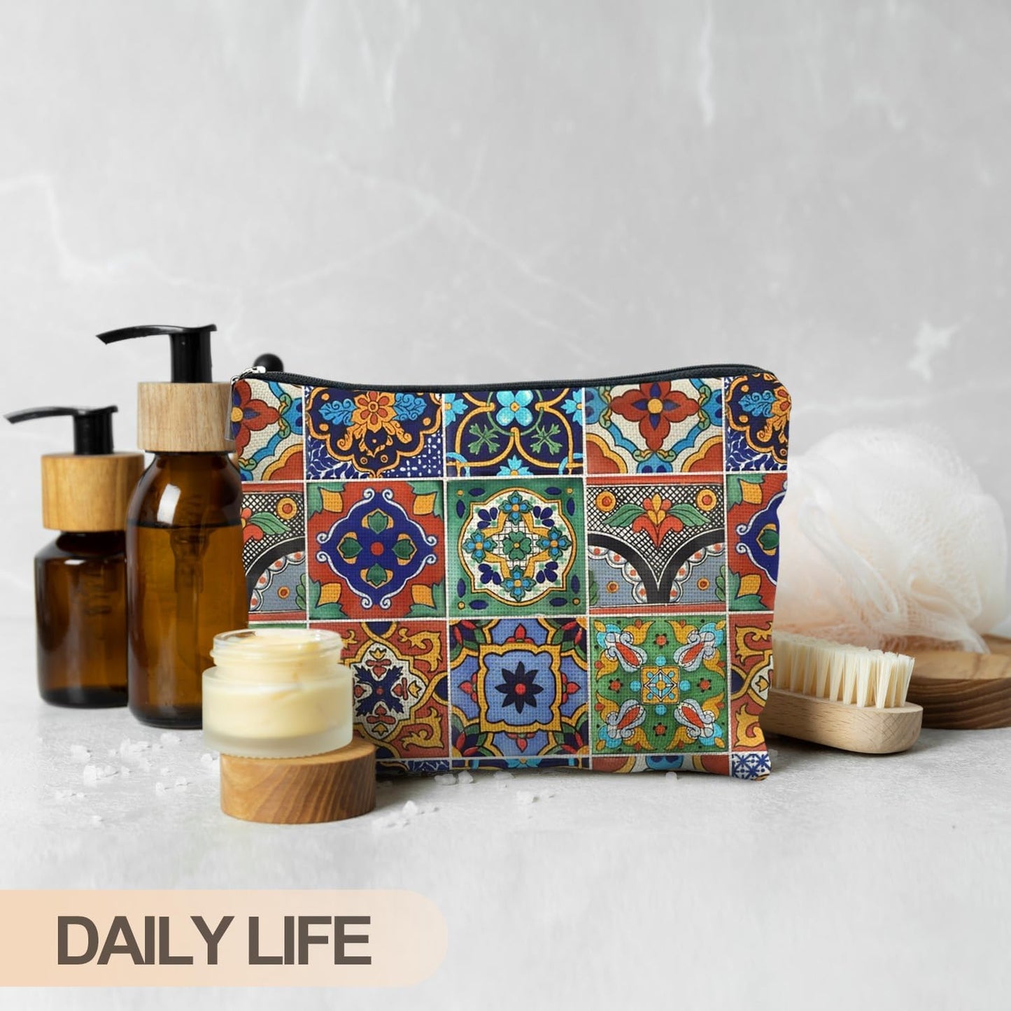 Bohemian Tile Pattern Makeup Bag, Ethnic Moroccan and Mexican Talavera Tile Cosmetic Bag for Women, Vintage Floral Makeup Pouch, Mexican Gifts for Women