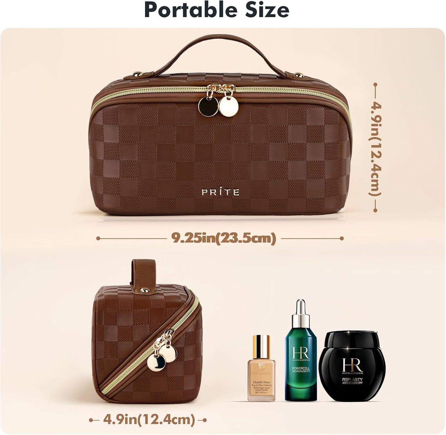 Prite Makeup Bag for Women Travel Waterproof Vegan Leather Cosmetic Bag Open Flat Toiletry Bag With Clear Divider and Handle (Plaid Brown)