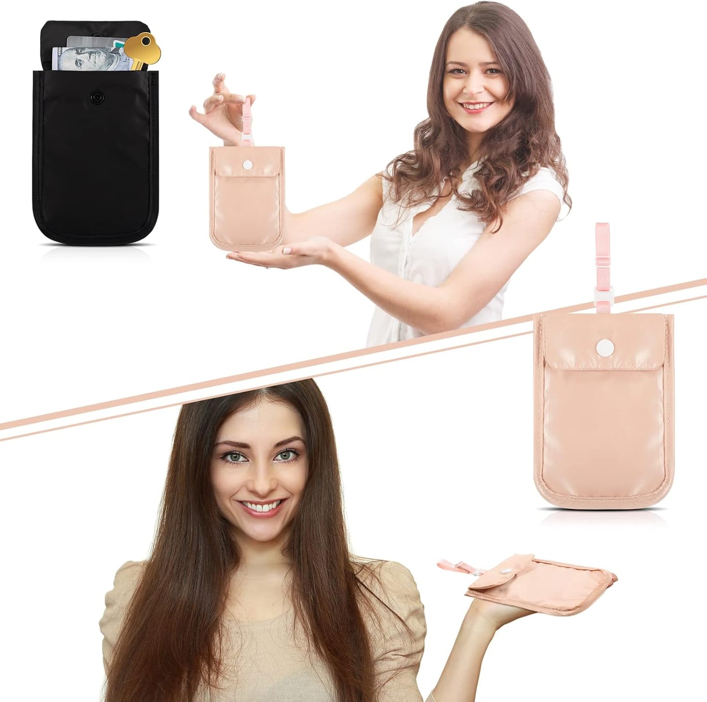 2 Pieces Travel Bra Wallet for Women Hidden Bra Wallet Pickpocket Proof Under Clothes Money Belt Pouch Secret for Passport Money Valuables(5.7 x 4.6 Inch,Black, Pink)