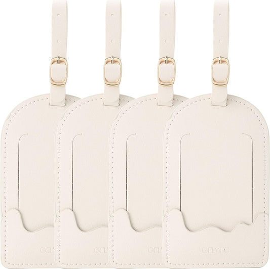 Faux Leather Luggage Tags for Suitcase Tag Set Privacy Protection with Identifie Name Lable ID Card Baggage tag for Men Women Travel Accessories, 2/4 Pack (LT07-White*4)