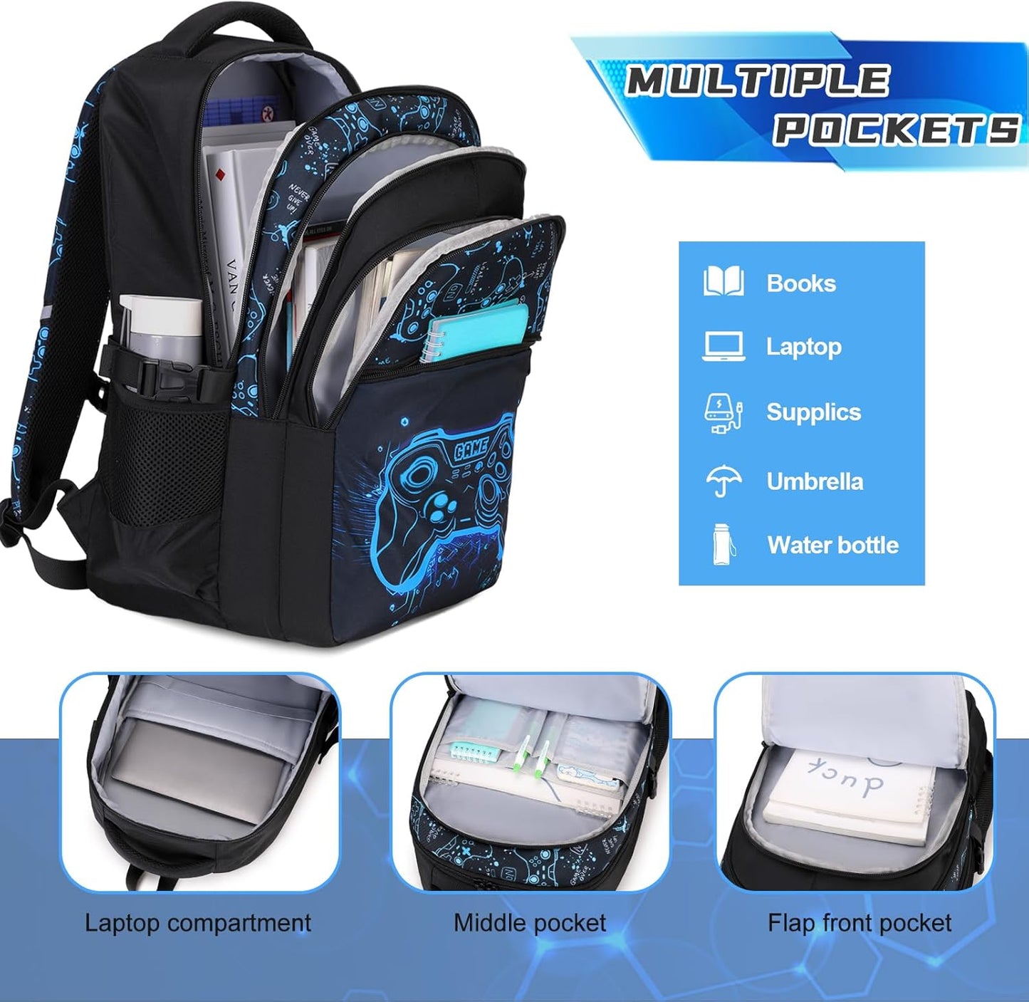 Boys Backpack for School, 3PCS Cool Luminous Gamer Backpack for Boys with Lunch Box Pencil Case, Kids Backpacks Bookbag for Teen Boy Elementary Middle High School with USB Charging Port