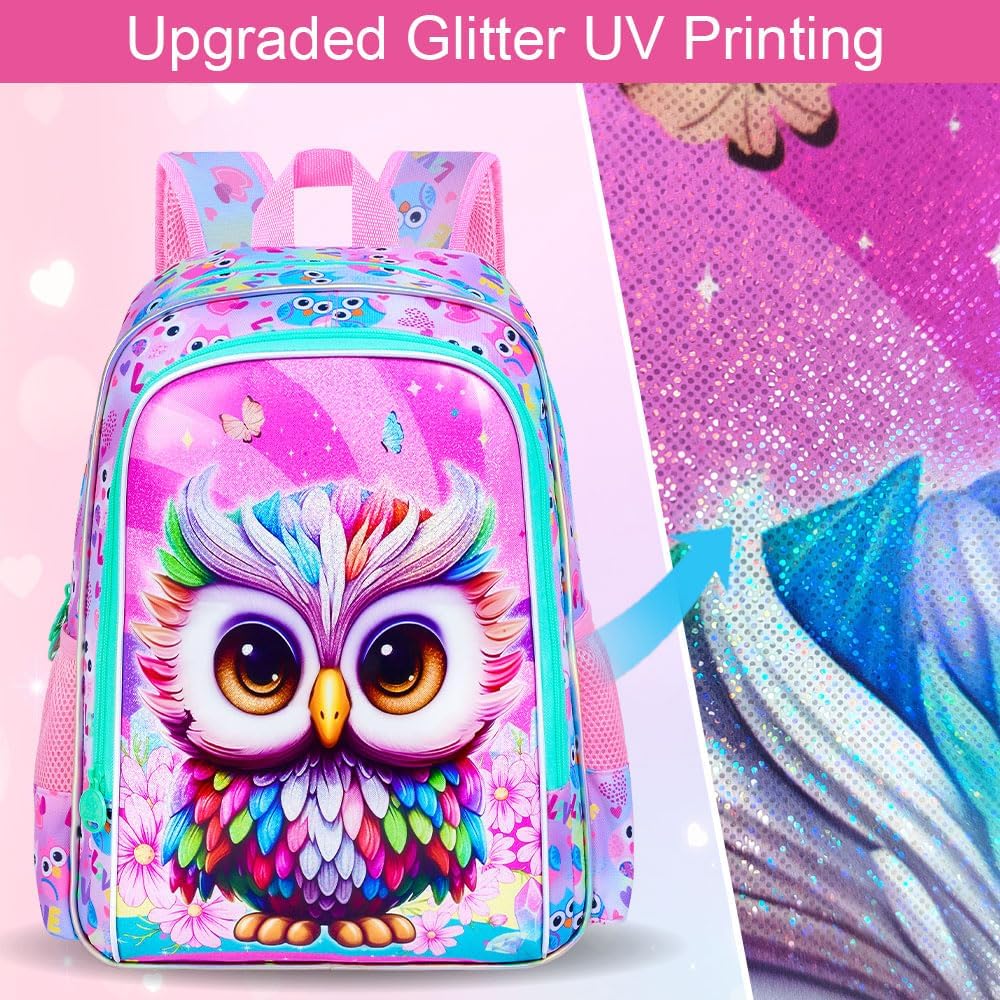 3PCS Owl Bookbag for Girls, Water Resistant Kids Bookbag Set with Lunch Box, Cute School Bag for Preschool Toddler