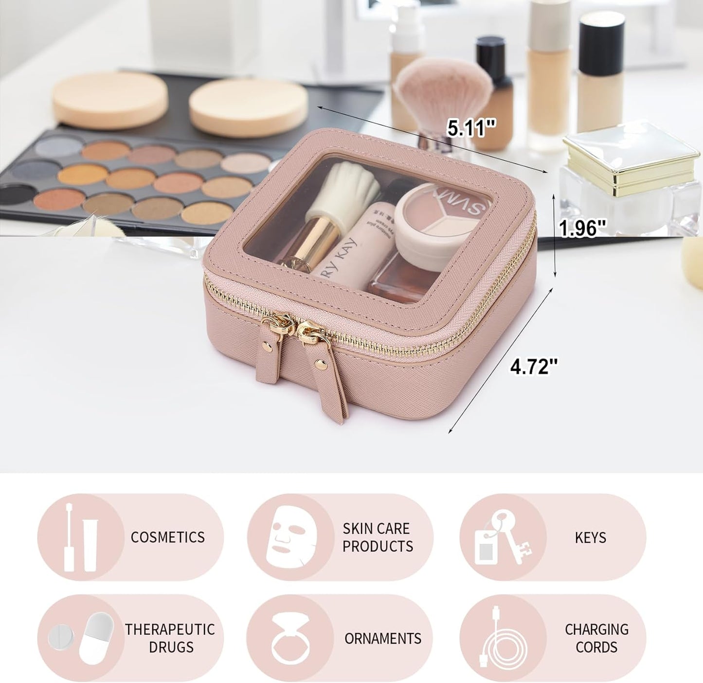 Clear Makeup Bag Set Portable Travel Cosmetic Bag and Toiletry Bag Women's Purse Pouch Cosmetic Stroage Organizer Bag with Zipper Car Essentials (Pink, M+Mini)