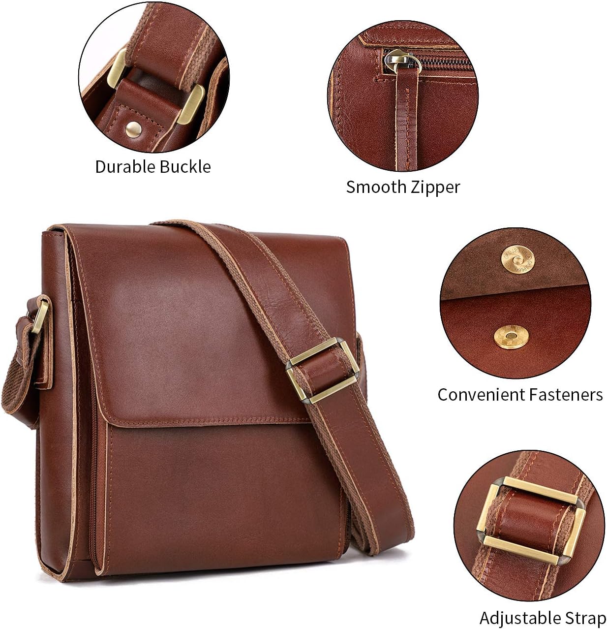 Augus Leather Messenger Crossbody Shoulder Bag for Men Work Business Casual Adjustable straps With