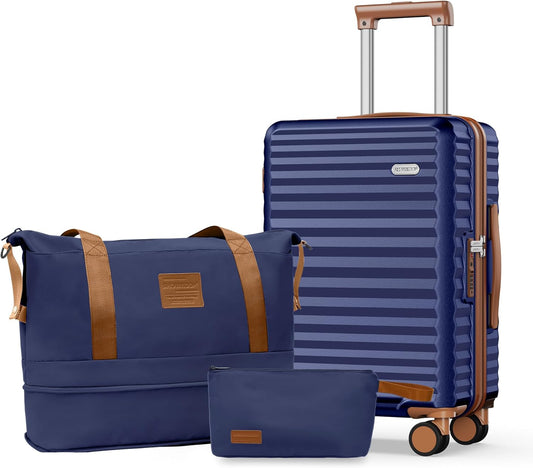 SHOWKOO Carry On Luggage Hardshell Lightweight Luggage Set, Suitcase with Double Spinner Wheels Tsa Lock White 3 piece set Blue (DB/TB/20in)