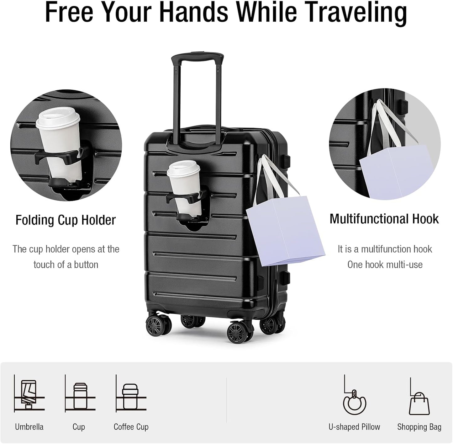 KYME Carry On Luggage 22x14x9 Airline Approved Hard Shell Carry On Suitcase with TSA Lock Hardside Suitcases with Wheels Travel Rolling 22 Inch Luggage with Cup Holder for Men Women Black
