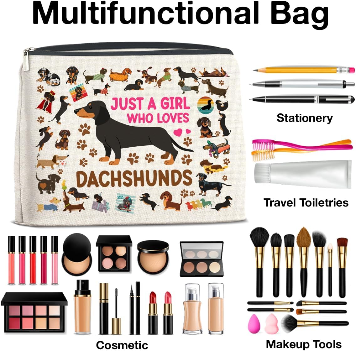 Dachshund Gifts Makeup Bag Weiner Dog Gifts for Girl Women Dog Lovers Cosmetic Bag Just a Girl Who