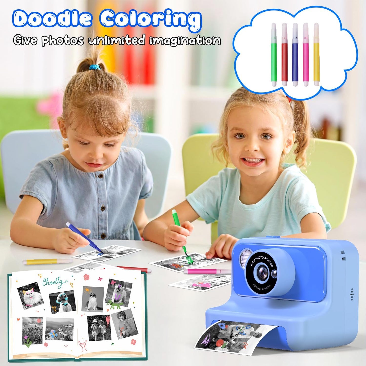 Kids Camera Instant Print, Christmas Birthday Gifts for Girls and Boys, Kids Camera with 32GB Card, Toddler Toy Camera for 3-12 Years Old, Blue