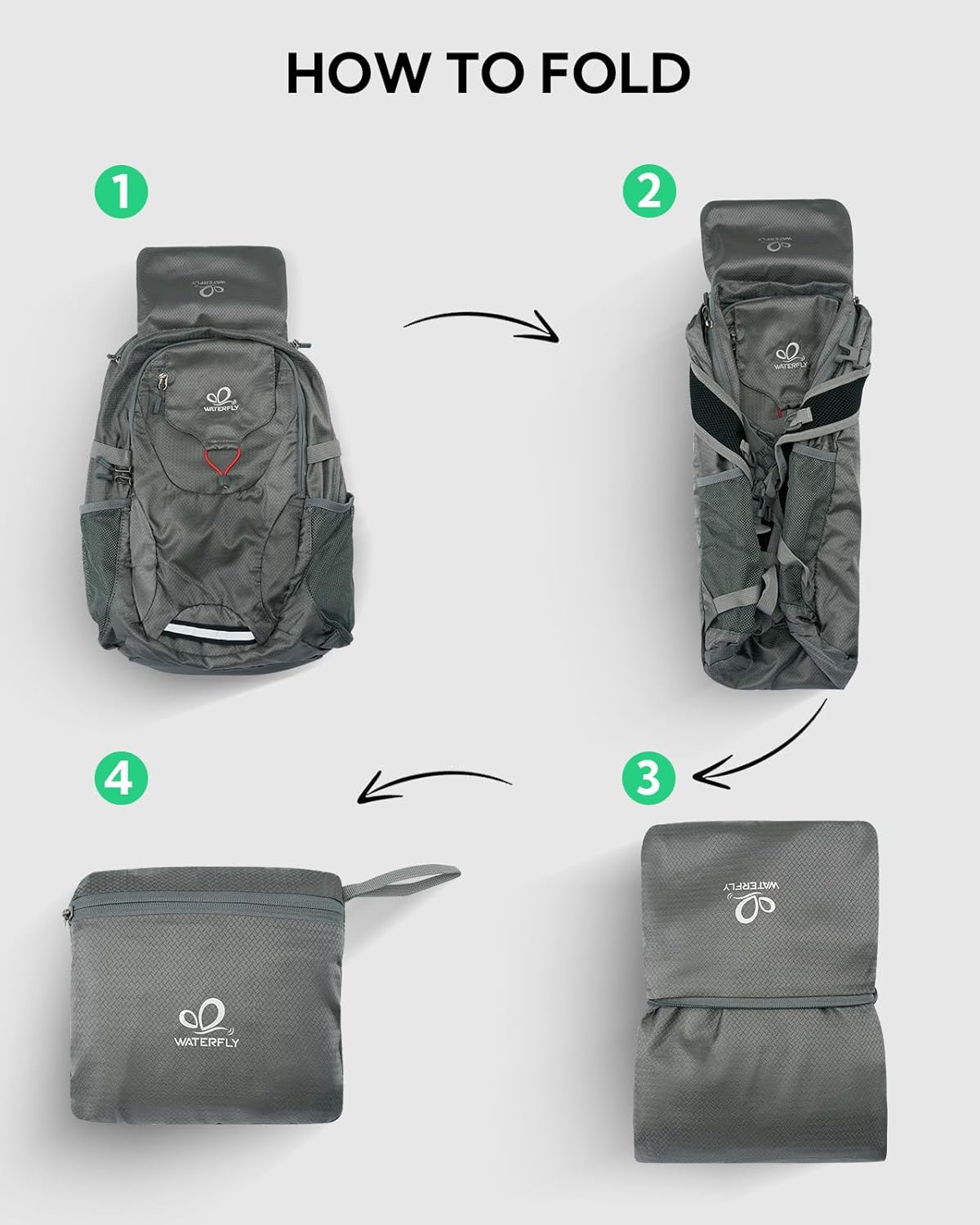 WATERFLY Lightweight Packable Hiking Backpack: 30L Foldable Travel Daypack Ultralight Camping Day Pack for Woman Man Grey