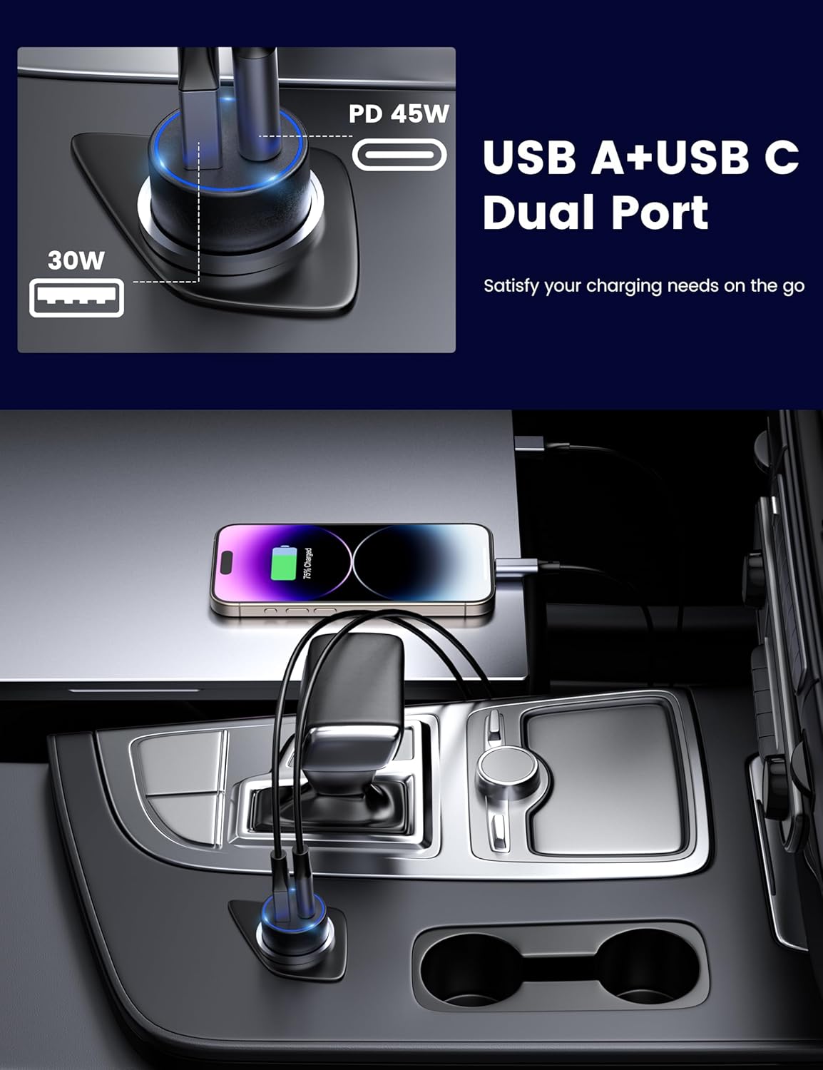 MOSWAG 75W USB C Car Charger PD 45W & QC3.0 Fast Charging Cigarette Lighter for MacBook, iPhone, Samsung, Galaxy, iPad, Google Pixel, LG, Moto, USB-C Port, Black