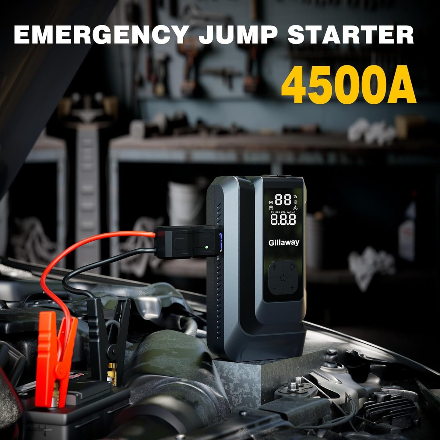 Jump Starter 4500A Car Jumper Starter Portable with 150PSI Tire Inflator, Battery Jumper Starter Portable, Air Compressor, Flashlight and Power Bank