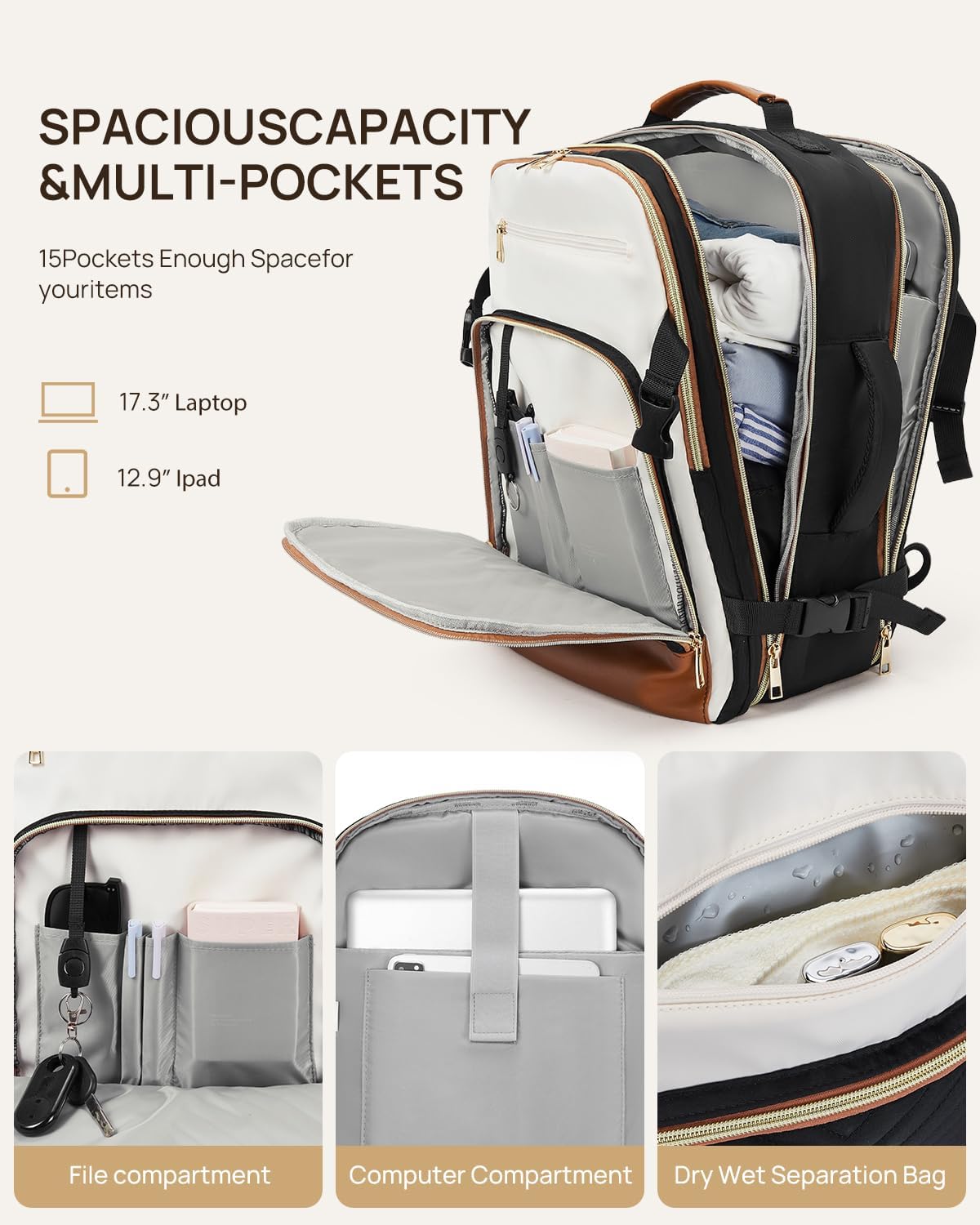 Telena Travel Backpack for Women, 17.3 inch Laptop TSA Carry On Personal Item Size Flight Approved Travel Bag Daypack with Multi-Pockets for Work, Travel, Business, Black-Beige-Brown