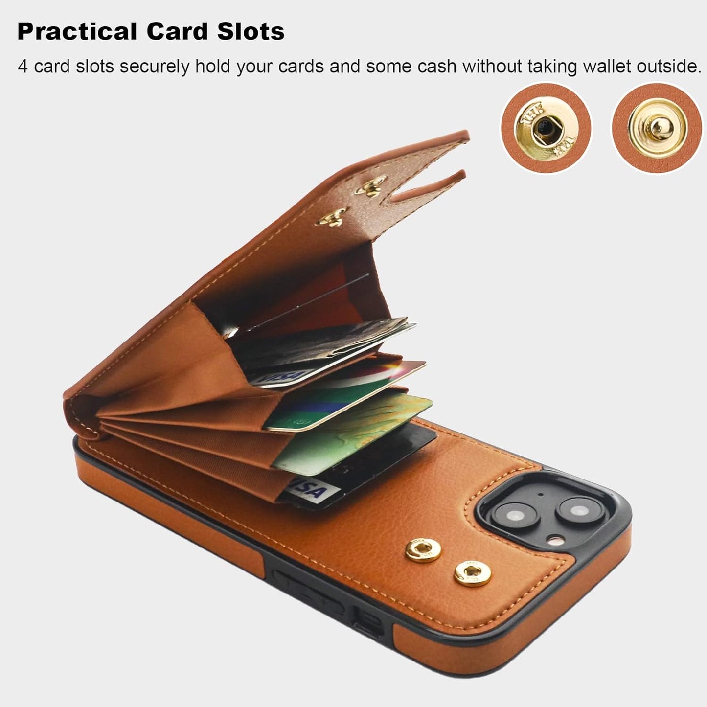 Folosu Compatible with iPhone 14 Plus Case Wallet with Card Holder, 360°Rotation Finger Ring Holder Kickstand, RFID Blocking Leather Protective Double Buttons Shockproof Cover 6.7 Inch Brown