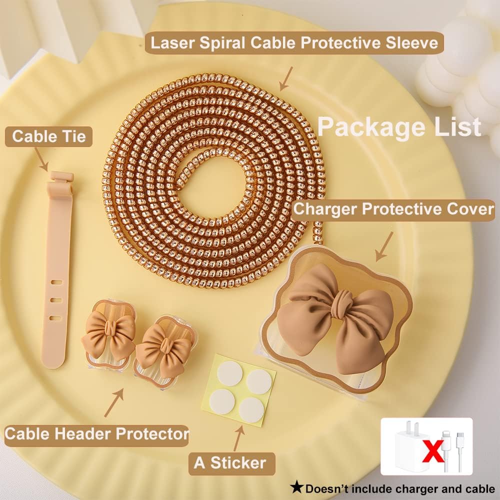 Compatible with iPhone 18W/20W USB-C Charger Cover Cute 3D Bow Tie Design Clear Soft Charger Protector Kawaii Cable Saver for iPhone 11 12 13 14 Pro Max Fast Power Adapter, Brown 2 (5in1)