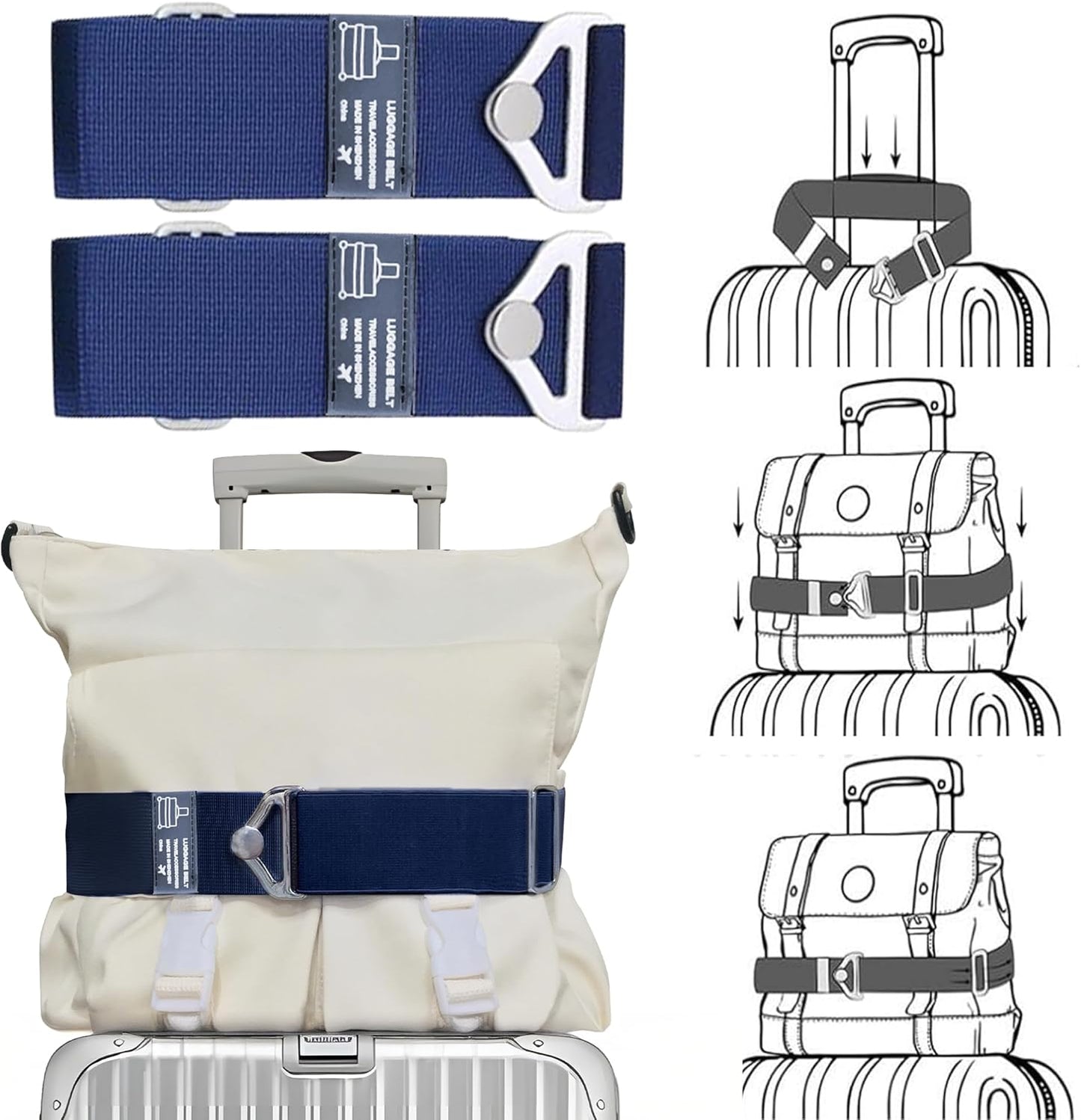 2-in-1 Travel Belt for Luggage Over Handle, Luggage Belt for Carry on Bag, Suitcase Straps, Add a Bag Bungees Luggage Straps Adjustable with Alloy Buckle,Hands-Free for Airport (Blue, 2 Pack)