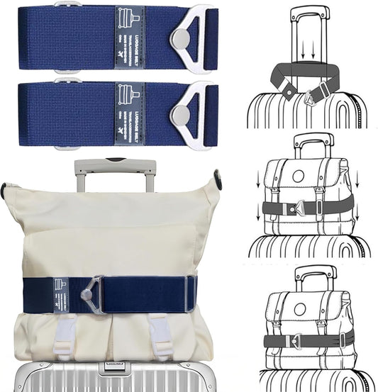 2-in-1 Travel Belt for Luggage Over Handle, Luggage Belt for Carry on Bag, Suitcase Straps, Add a Bag Bungees Luggage Straps Adjustable with Alloy Buckle,Hands-Free for Airport (Blue, 2 Pack)