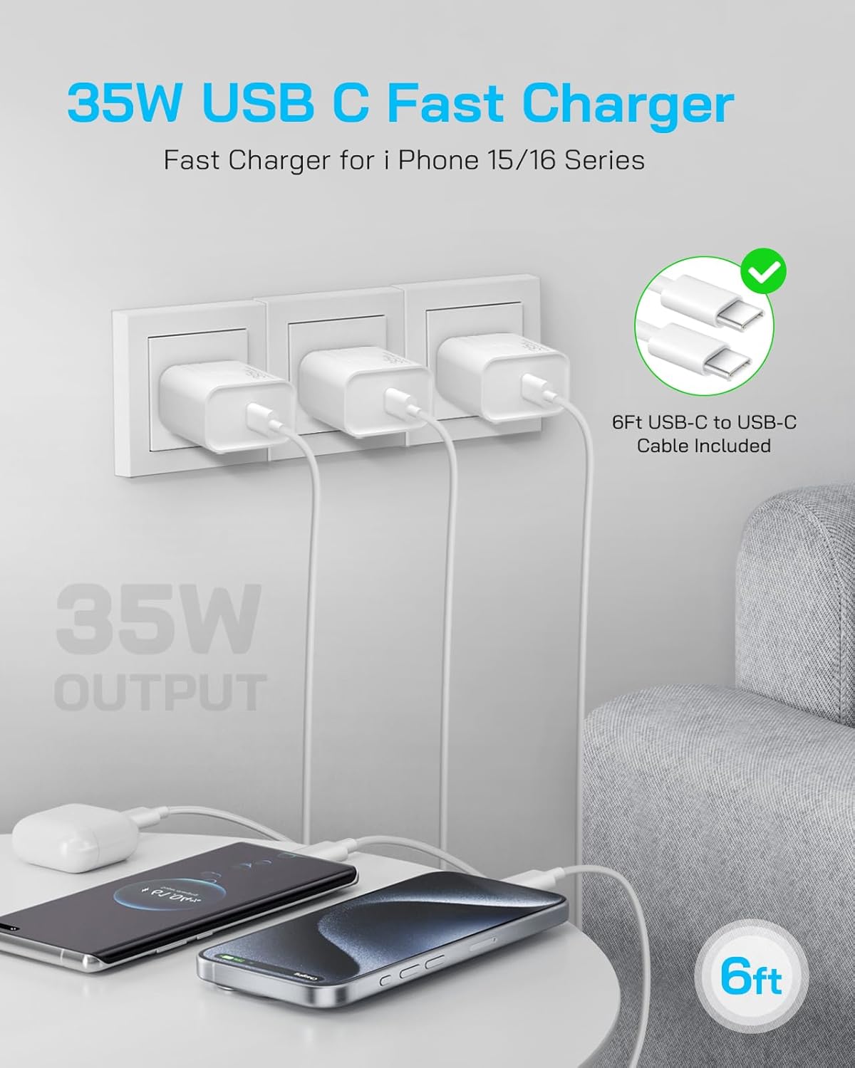 35W i Phone 17 16 15 Charger Fast Charging, 3-Pack USB C Charger Block Type C Chargers 6 FT Type C to C Cable for i Phone 17/17 Air/17 Plus/17 Pro Max/16/16 Pro/16 Plus/16 Pro Max/15 Series-White