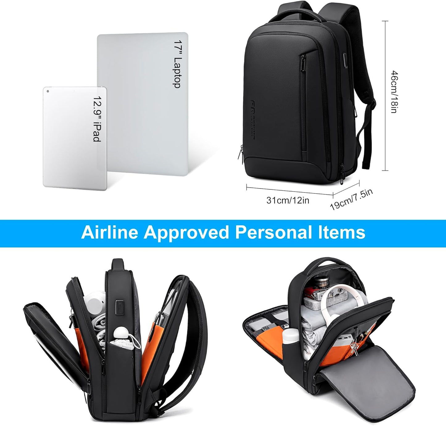 Laptop Backpack for Men, Business Backpack with USB Charging Port,Water Resistant Tech Backpack, Mens 17 Inch Laptop Bag for Work/Commuter/College