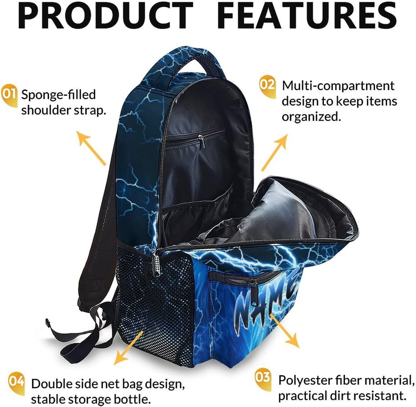 Custom Wolf Backpack for Boys Kids - 17 Inch Personalized Lightning Backpack for School Kindergarten Elementary Primary Senior Middle - Durable Cool Schoolbag with Name
