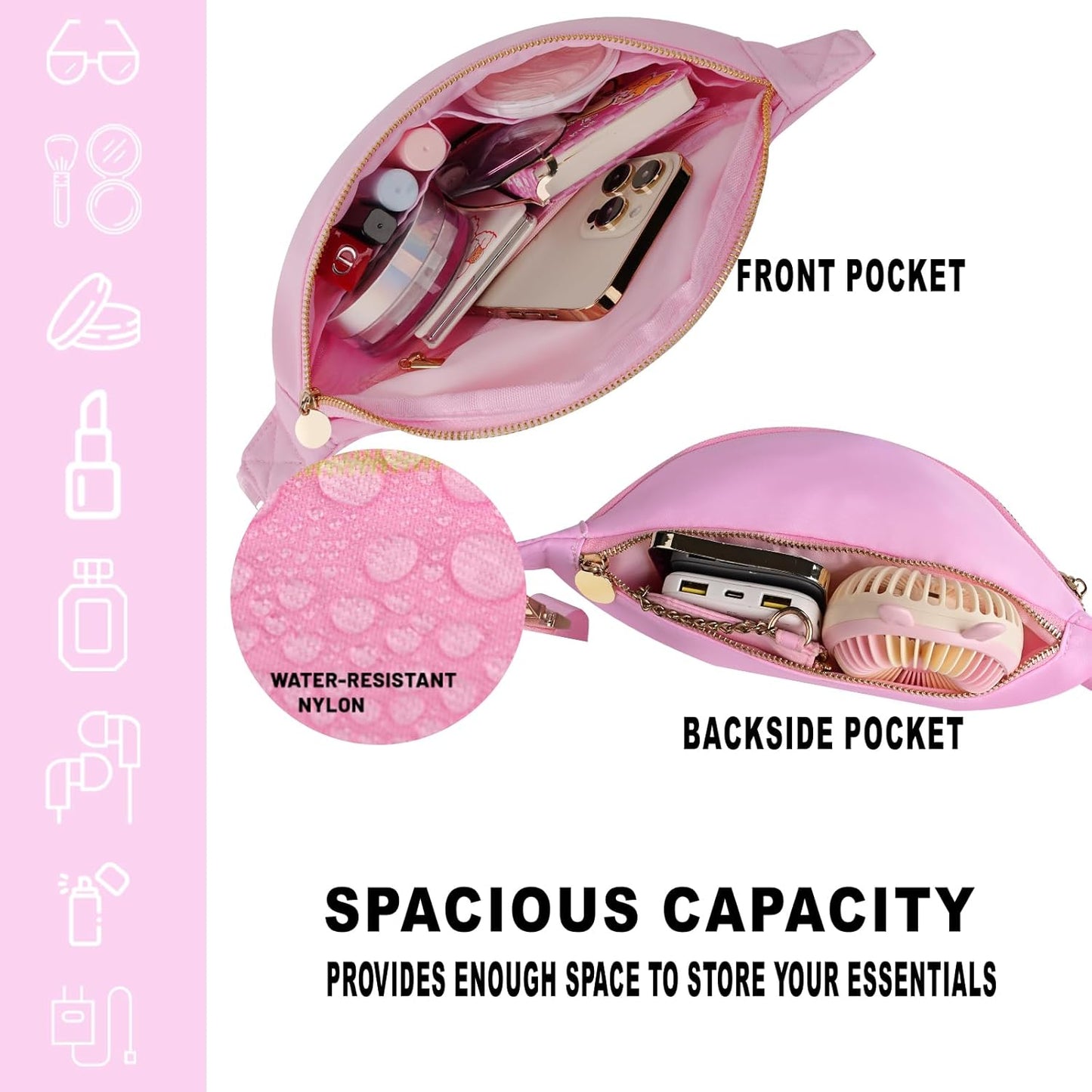 Fanny Pack Travel Belt Bag Stadium Sling Bags Approved Water-resistant Nylon Crossbody Bags for Women (Light Pink)