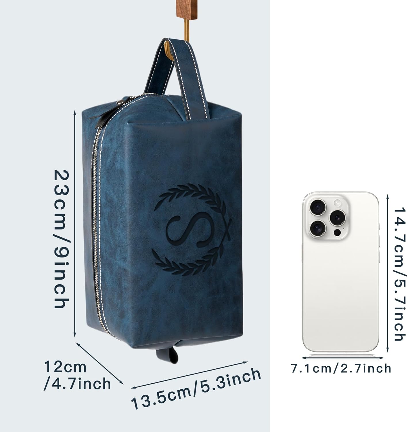 Personalized Gifts Travel Toiletry Bag for Men Engraved Initial PU Leather Waterproof Shaving Bag for Toiletries Accessories Fathers Day Birthday Gift for Men Dad Husband Son, Dark Blue B