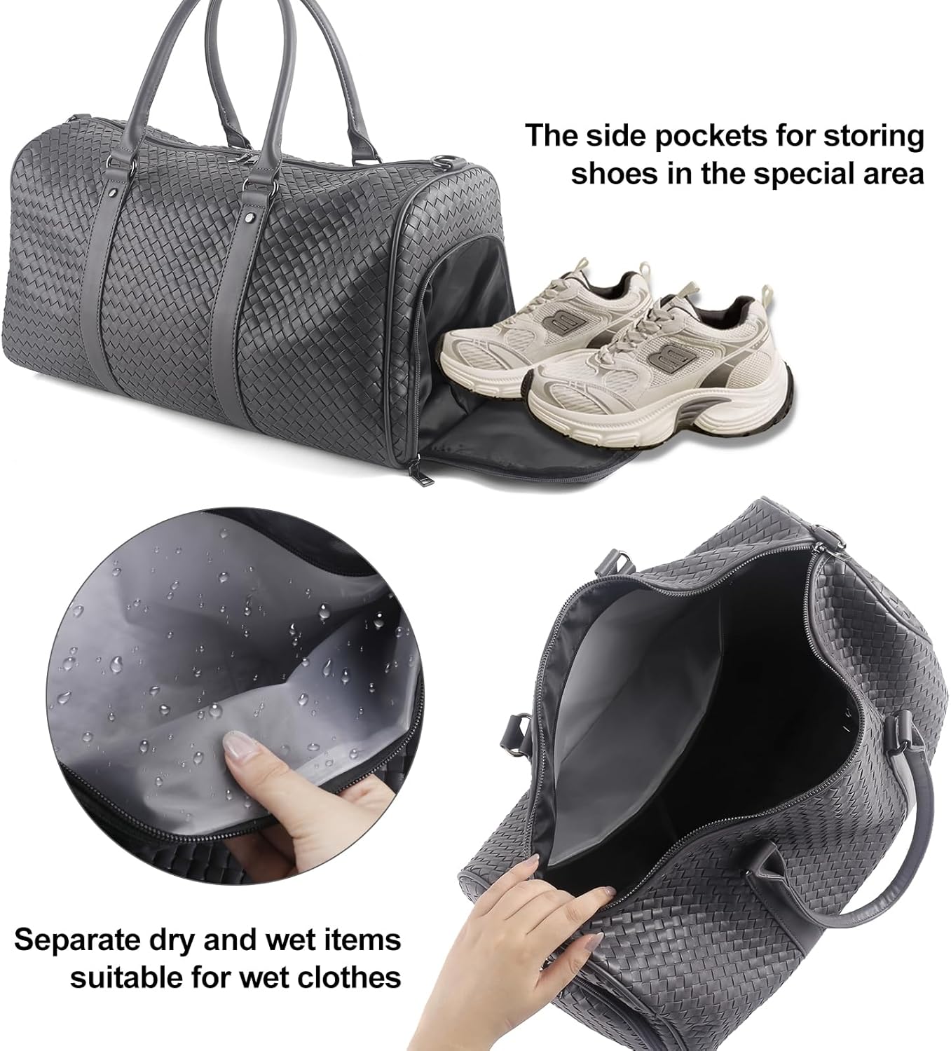 Weekender Bags for Women Woven Leather Travel Duffel Bag with Shoe Compartment, Carry On Garment Bag for Men Women, Large Capacity Water-resistant Gym Tote (Gray)