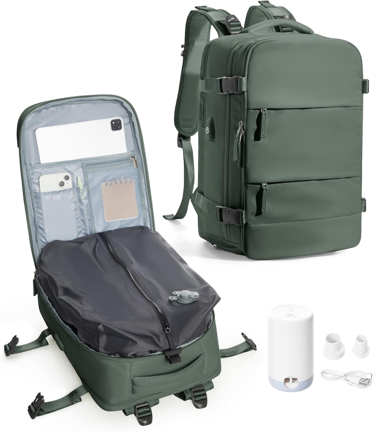 Vacuum Backpack Travel with Pump, Vacuum Seal Compression Backpack with Pump for Travel Frontier Approved 18x14x8 inches, Business 15.6" Laptop Bag for Men, Army Green