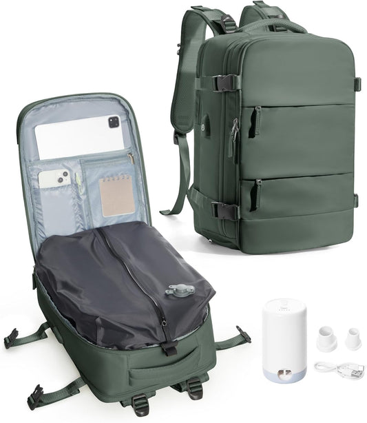 Vacuum Backpack Travel with Pump, Vacuum Seal Compression Backpack with Pump for Travel Frontier Approved 18x14x8 inches, Business 15.6" Laptop Bag for Men, Army Green
