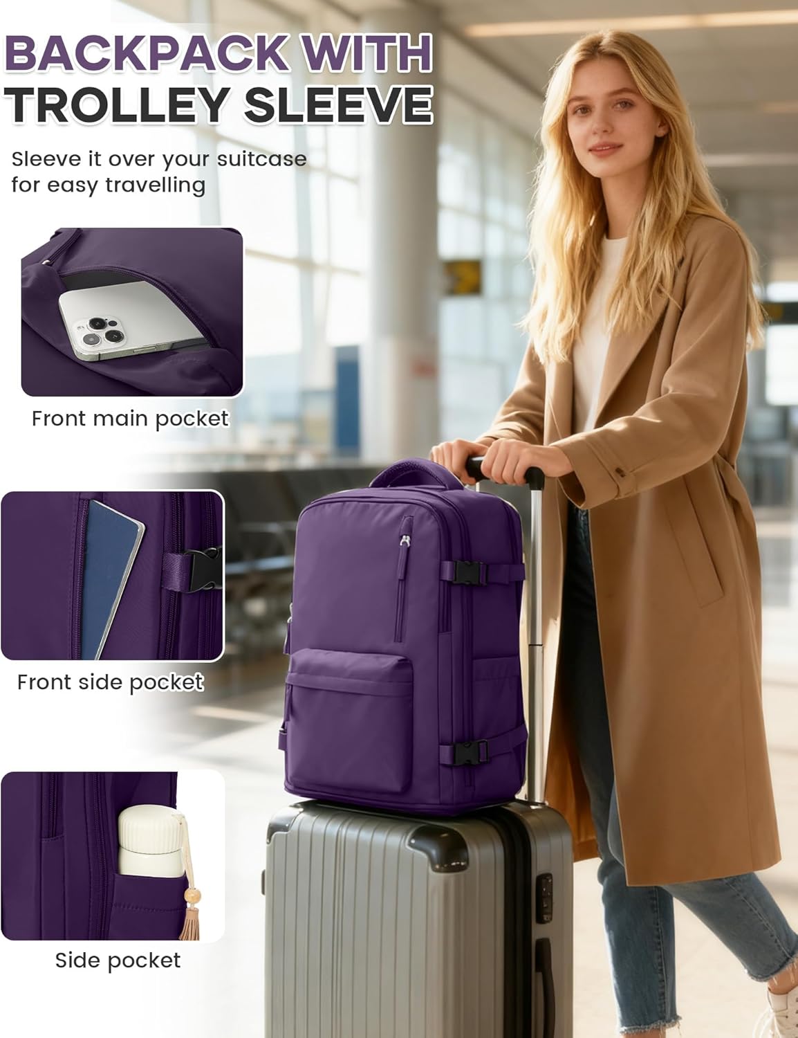 WONHOX Large Travel Backpack Carry on Flight Approved Laptop Work Business Backpack for Women Men Mochila de Viaje