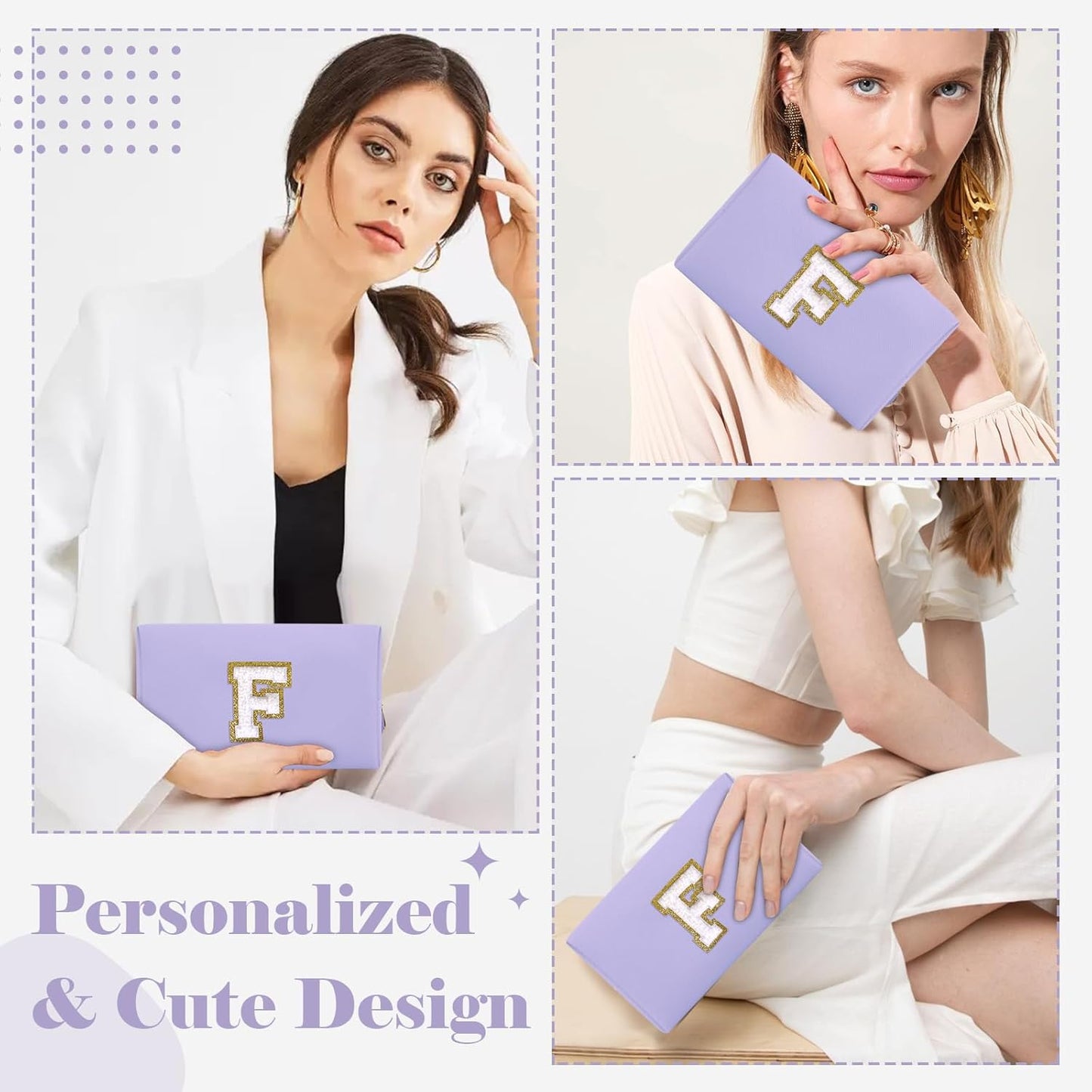 Personalized Makeup Bag Initial A-Z Preppy Patch Bag,Small PU Leather Travel Cosmetic Bag Pouch with Zipper,Purple Cute Toiletry Bag,Gift Ideal for Teen Girls Women Birthday Friend Mom,Latter F