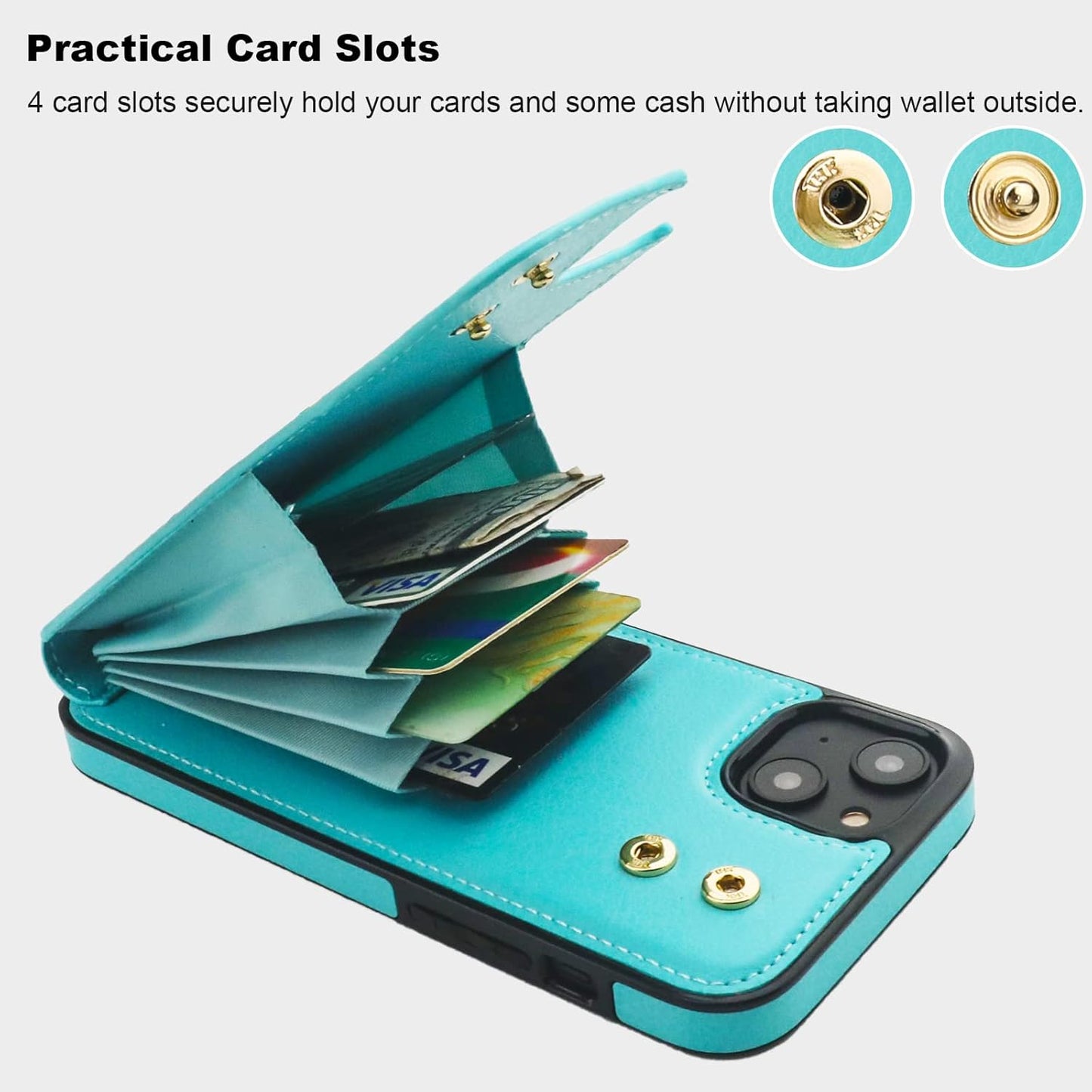 Folosu Compatible with iPhone 14 Plus Case Wallet with Card Holder, 360°Rotation Finger Ring Holder Kickstand, RFID Blocking Leather Protective Double Buttons Shockproof Cover 6.7 Inch Green