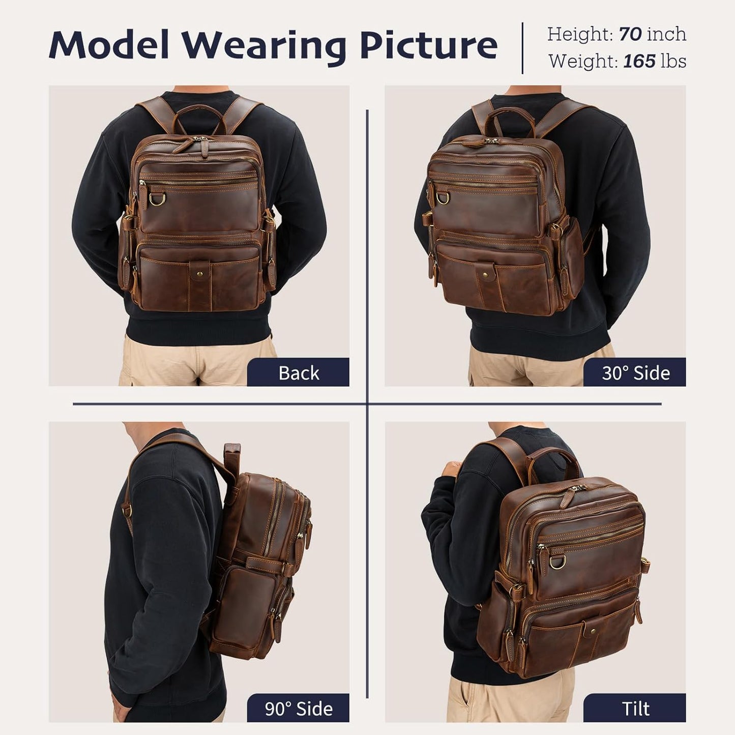 Leather Backpack for Men 15.6" Laptop Backpack 100% Madagascar top-Grain Leather Backpack Brown Large Size